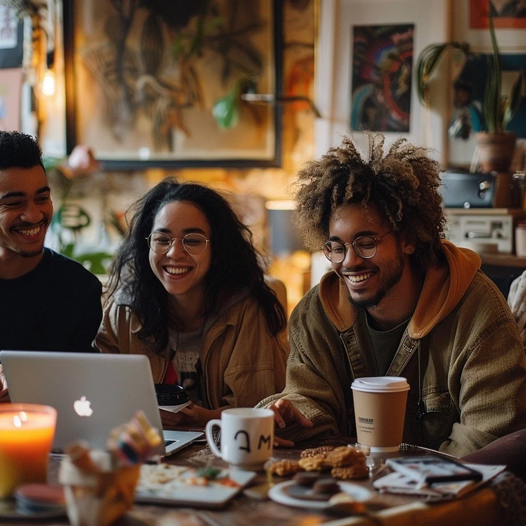 Three young adults smiling and enjoying a conversation in a cozy cafe, with coffee, cookies, and a laptop on the table.