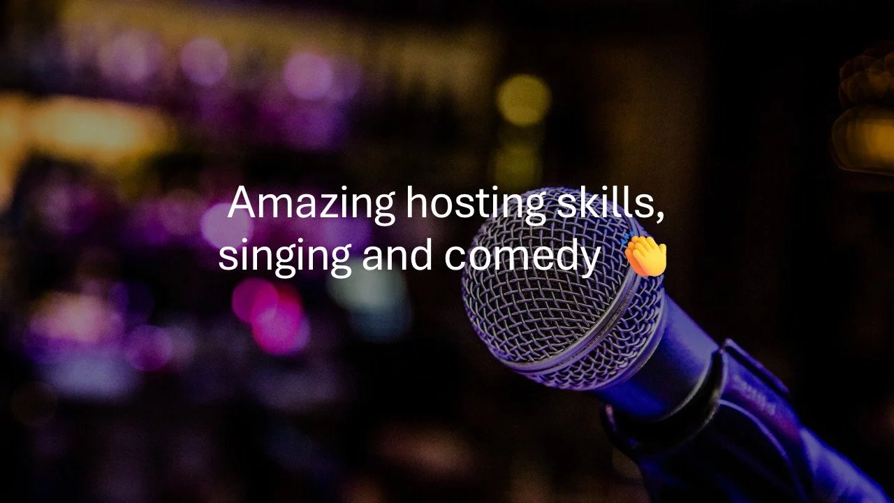 Close-up of a microphone on a stand with a colorful blurred background, overlaid with the text 'Amazing hosting skills, singing and comedy' and a clapping hands emoji.