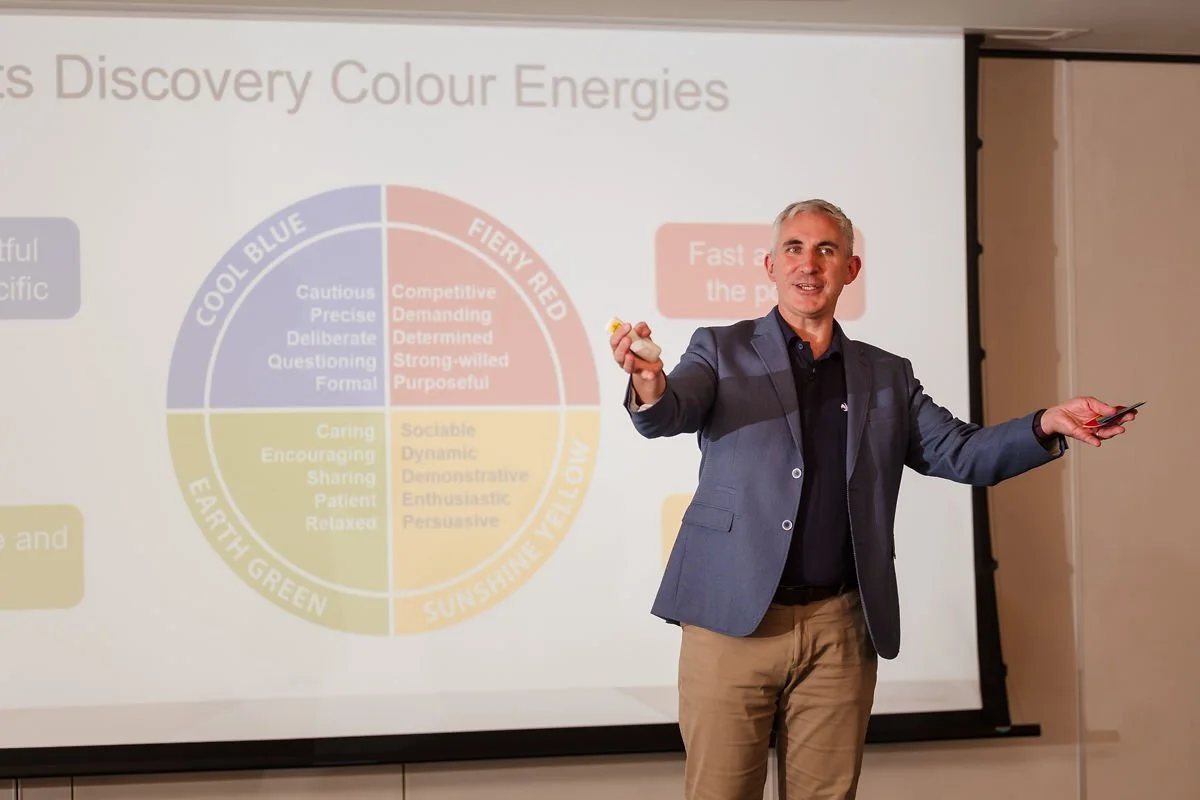A man in a suit jacket giving a presentation in front of a slide with a colour wheel diagram and text about Insights Discovery colour energies.