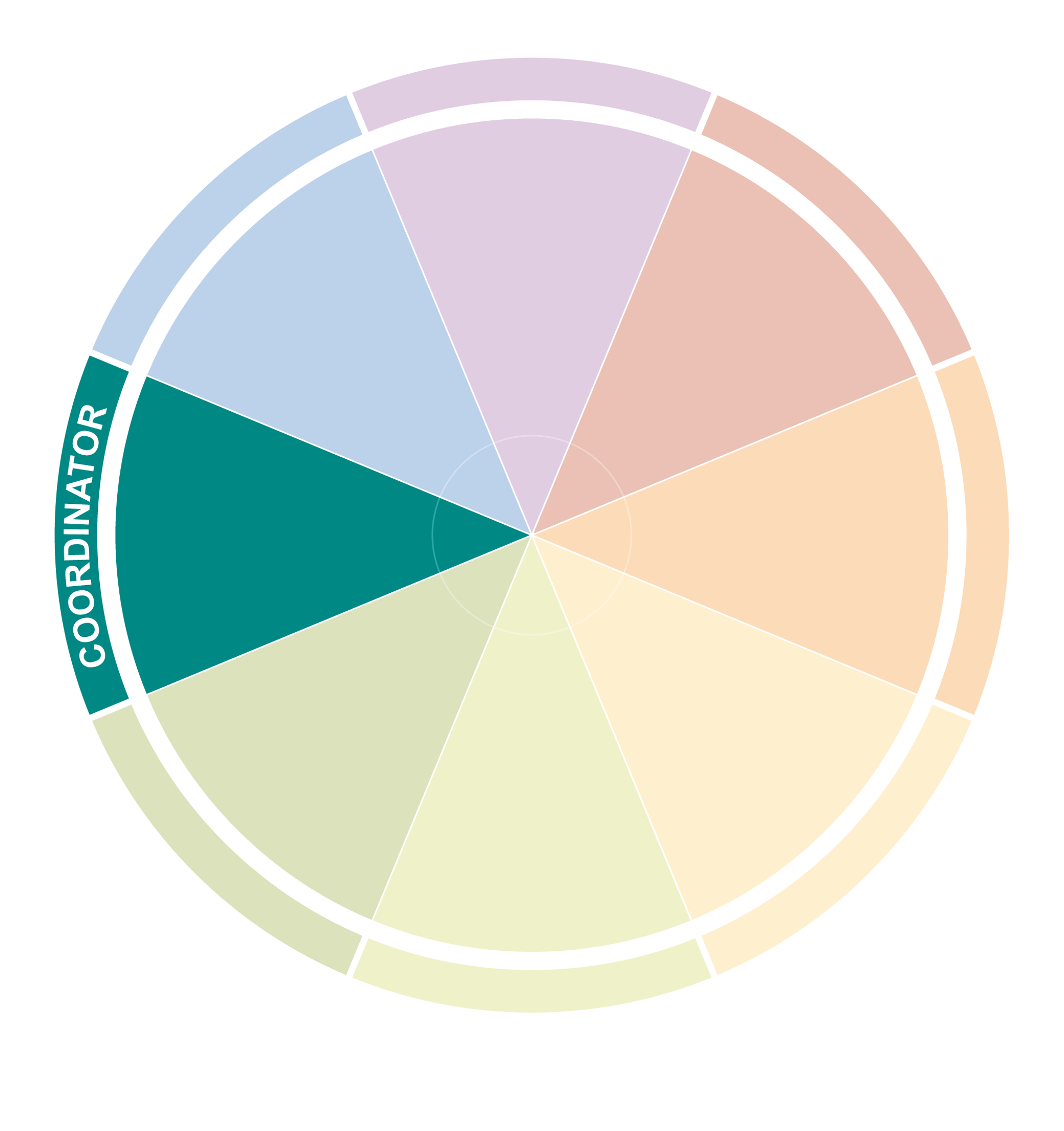 Colorful circular chart labeled 'Coordinator' on the left side, divided into multiple segments with different shades of pastel colors.