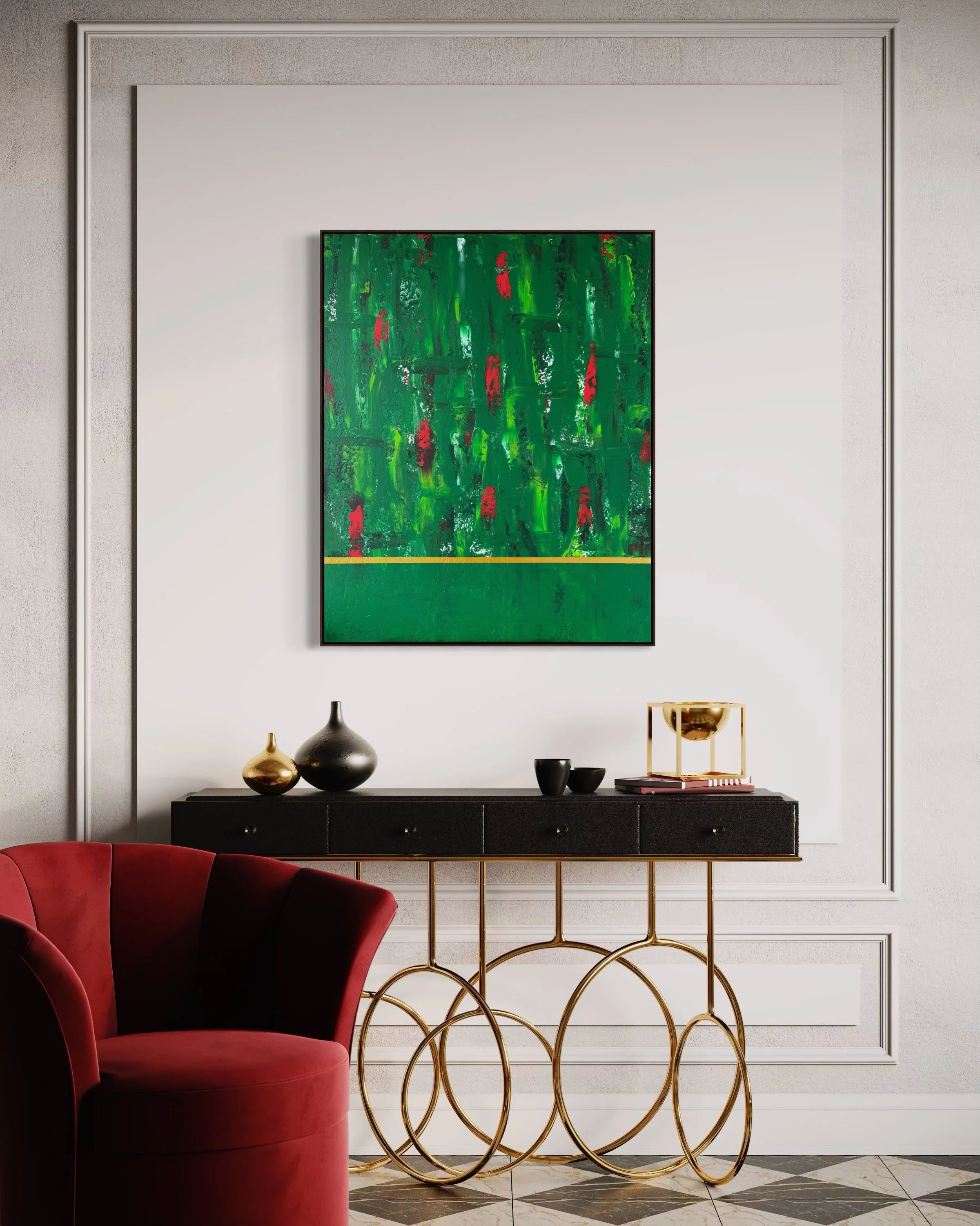Une pièce intérieure élégante avec un tableau abstrait vert et rouge accrochée à un mur blanc, une console noire avec des vases noirs et dorés, ainsi que des livres avec un objet décoratif doré, et un fauteuil en velours rouge dans le coin inférieur 