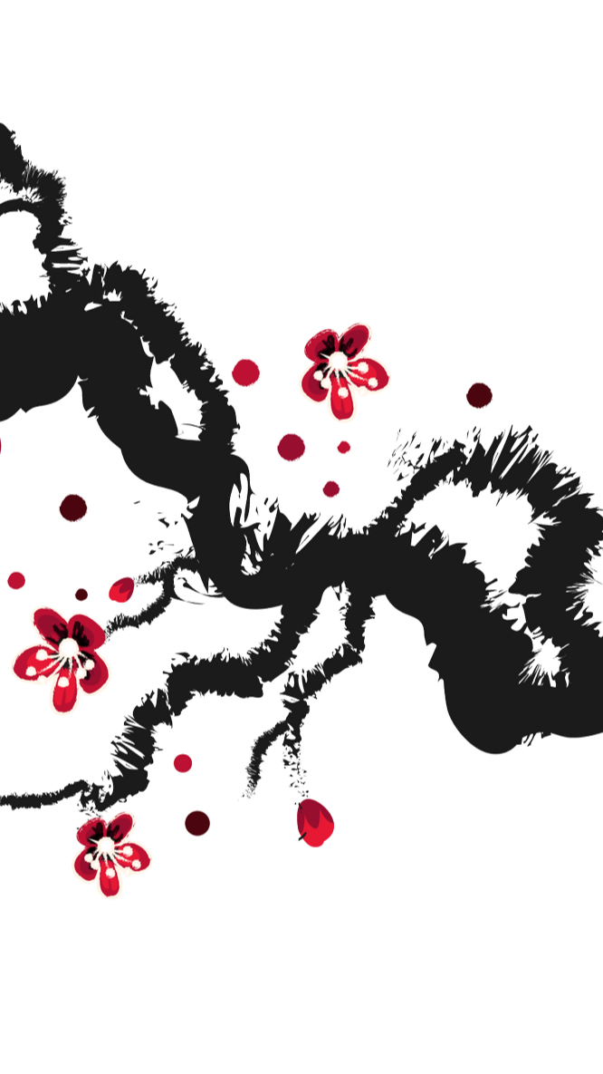 Schwarze, künstlerisch stilisierte Äste mit roten Blüten und roten Punkten auf weißem Hintergrund.