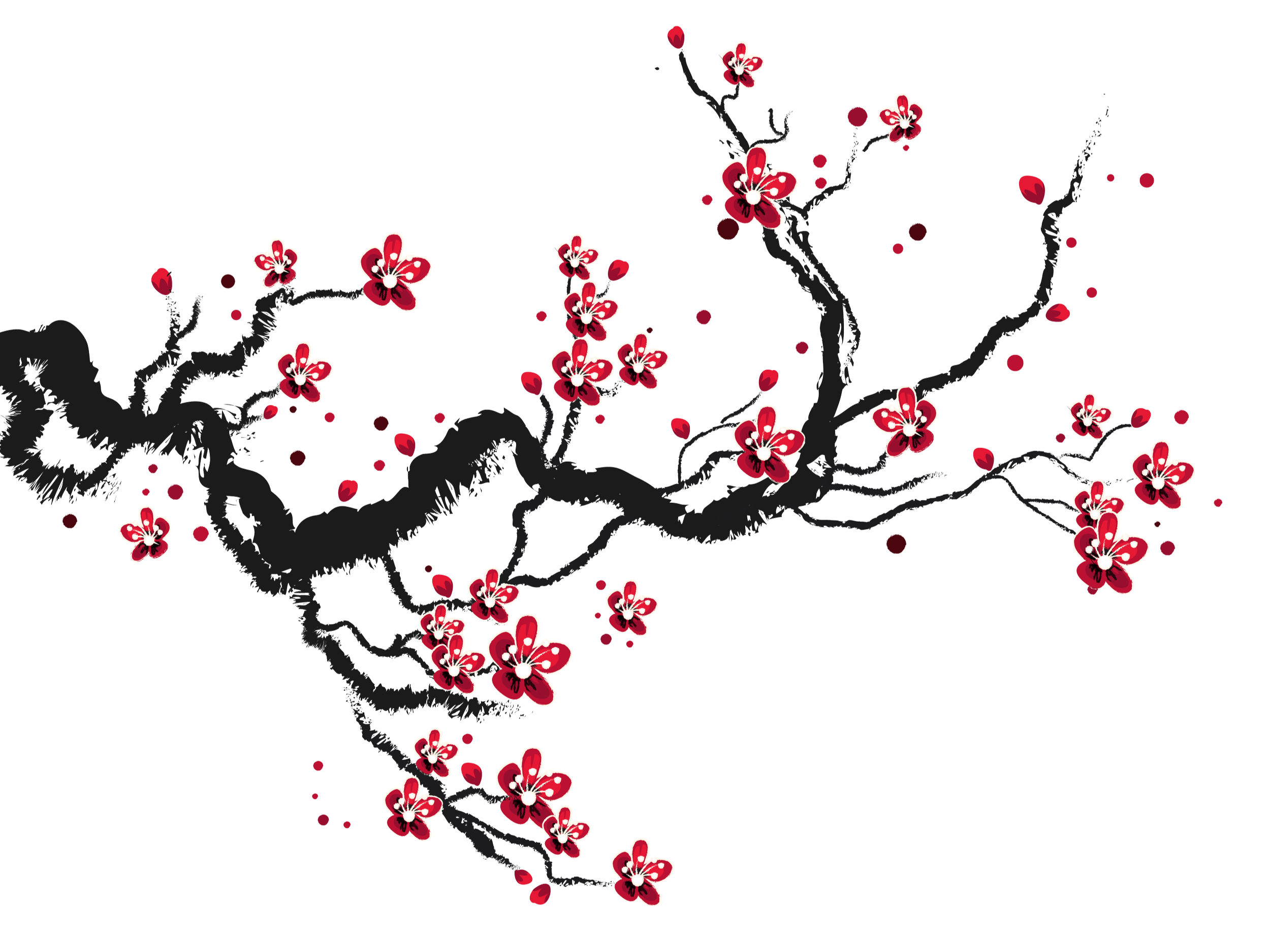 Illustration eines blühenden Kamelienbaums mit roten und weißen Blüten auf schwarzen Ästen, digitaler Kunststil