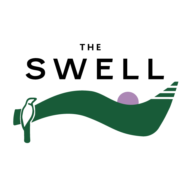 Logo of The Swell featuring a dark green wave with a stylized bird perched on the left side and a purple circle behind the wave, with the word 'SwE LL' in black letters above.