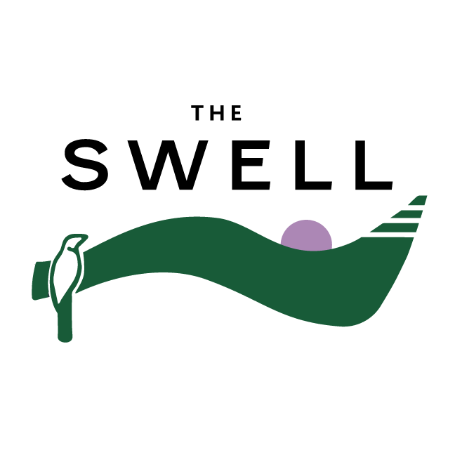 Logo featuring a green whale with a purple circle and a stylized wave, and the words 'The Swell' in bold black letters.