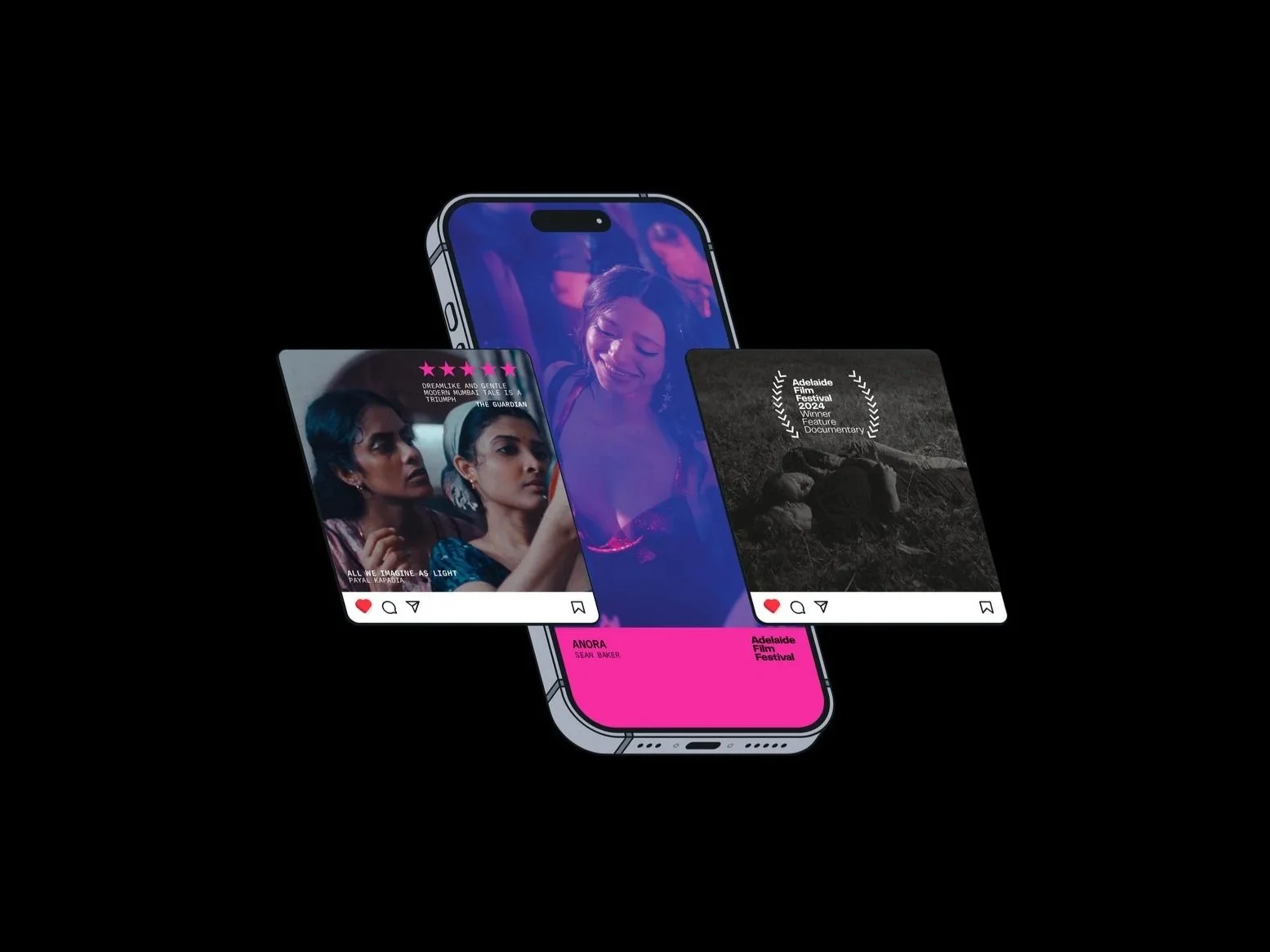 A smartphone displaying three overlapping images of people and film festival awards, set against a black background.