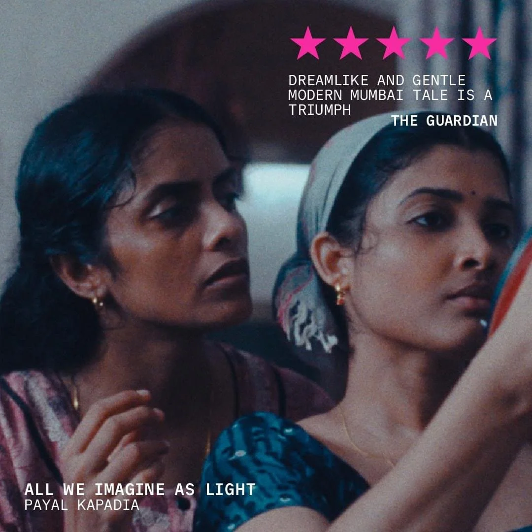 Two women with dark hair, one with a headscarf, sitting closely and looking at a phone or device. Text overlay includes pink stars, quotes, and author attribution.