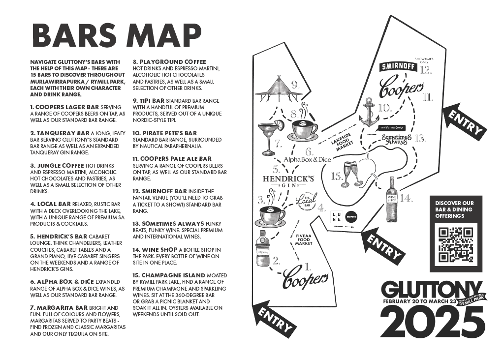 Map of Gluttony bars for the February 20 to March 23, 2025 event at Rymill Park, showing 15 bar locations with numbered entries and paths for entry, including bars like Coopers Lager Bar, Jungle Coffee, Local Bar, Hendrick's Bar, Alpha Box & Dice, Ma