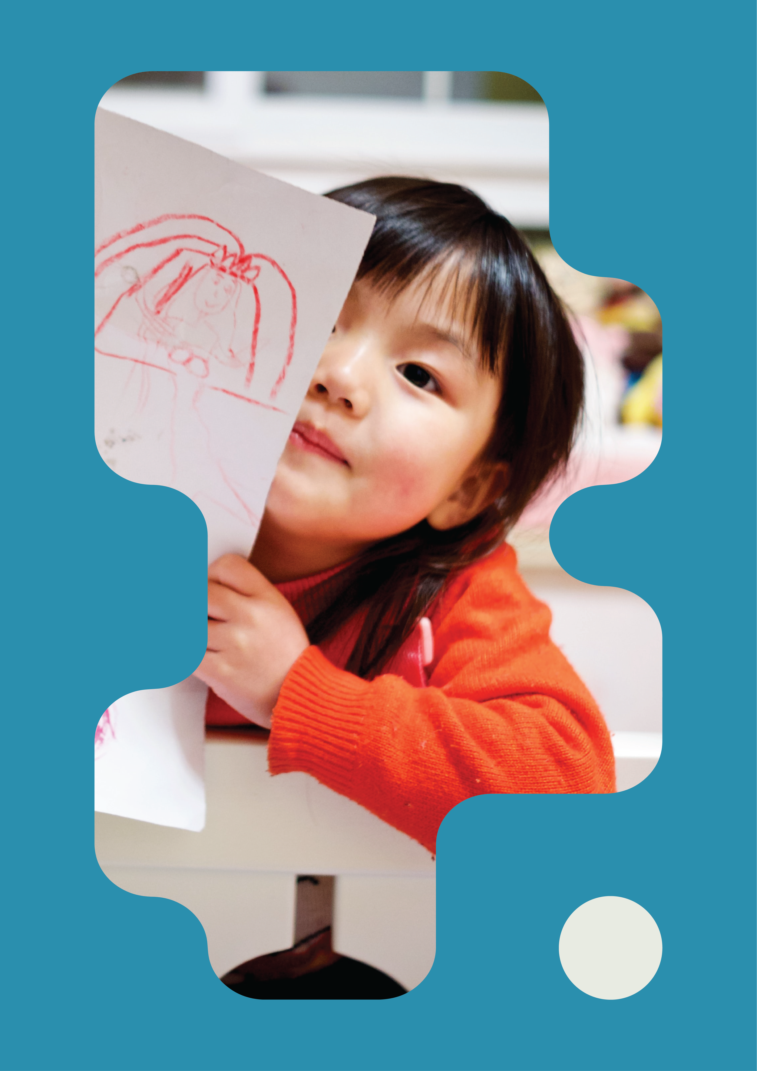 A young girl with dark hair and wearing an orange sweater holding a drawing of a person with pigtails and a bow, partially hiding her face behind the drawing.