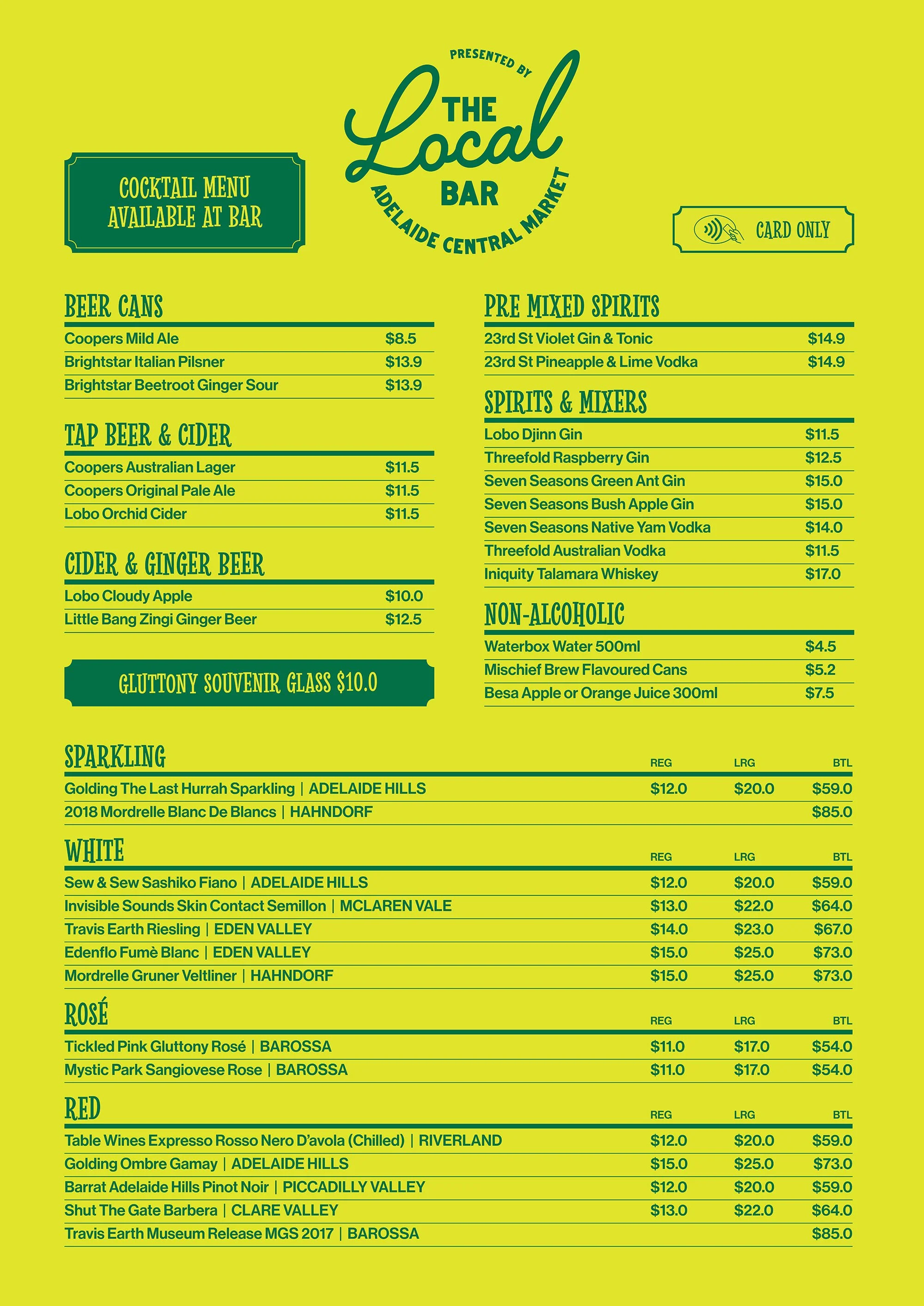 Menu for The Local Bar at Adelaide Central Market, featuring categories of beer cans, tap beers, ciders, pre-mixed spirits, spirits and mixers, non-alcoholic drinks, sparkling, white, rosé, and red wines, with prices listed.