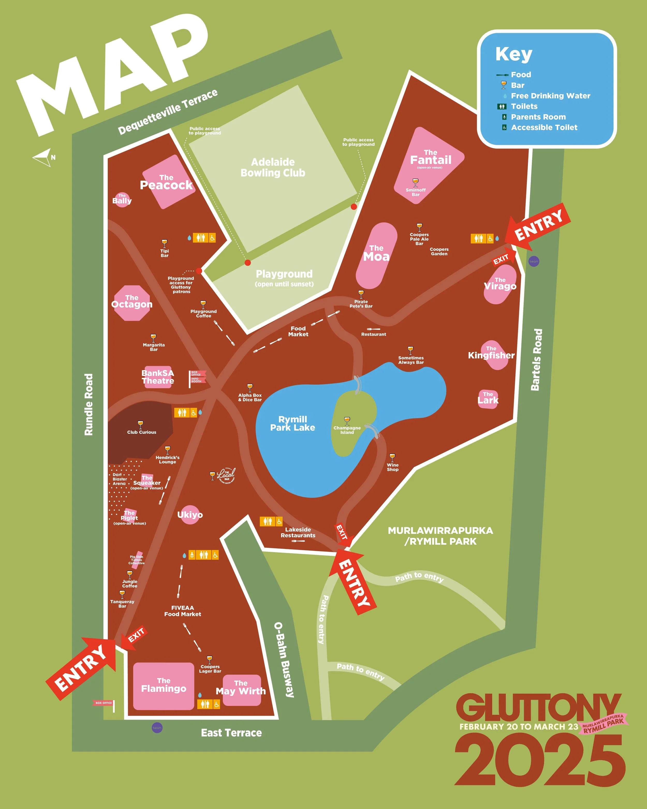 Map of Murlawirrapurka / Rymill Park with labeled sections, pathways, and facilities, including entrances, exits, food and bar areas, toilets, and playgrounds.
