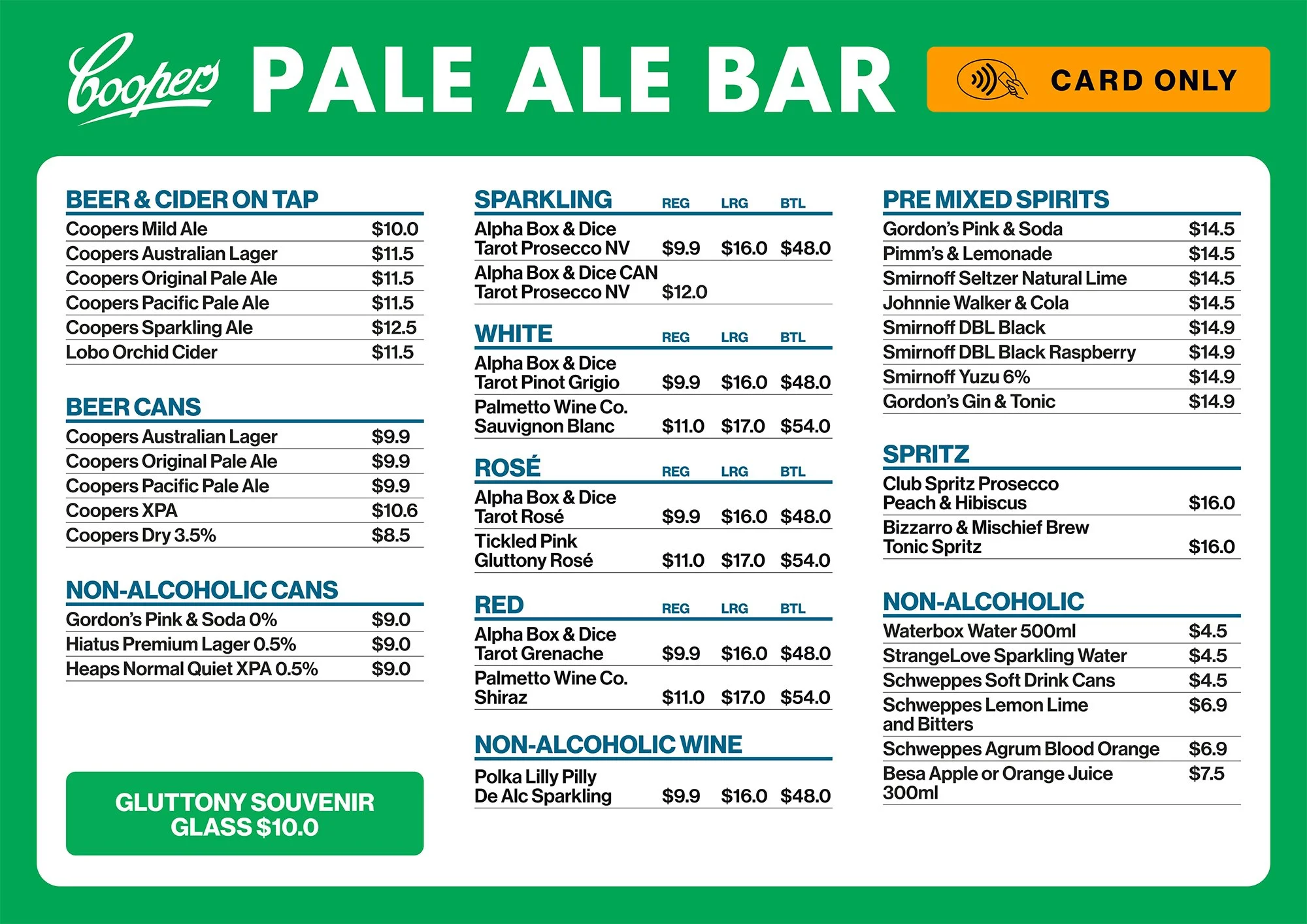 A menu at Cooper's Pale Ale Bar listing various beers, ciders, wine, spirits, soft drinks, and souvenir glasses. Sections include beer on tap, beer cans, sparkling, white, rosé, red, non-alcoholic drinks, and spritz, with prices for different sizes a
