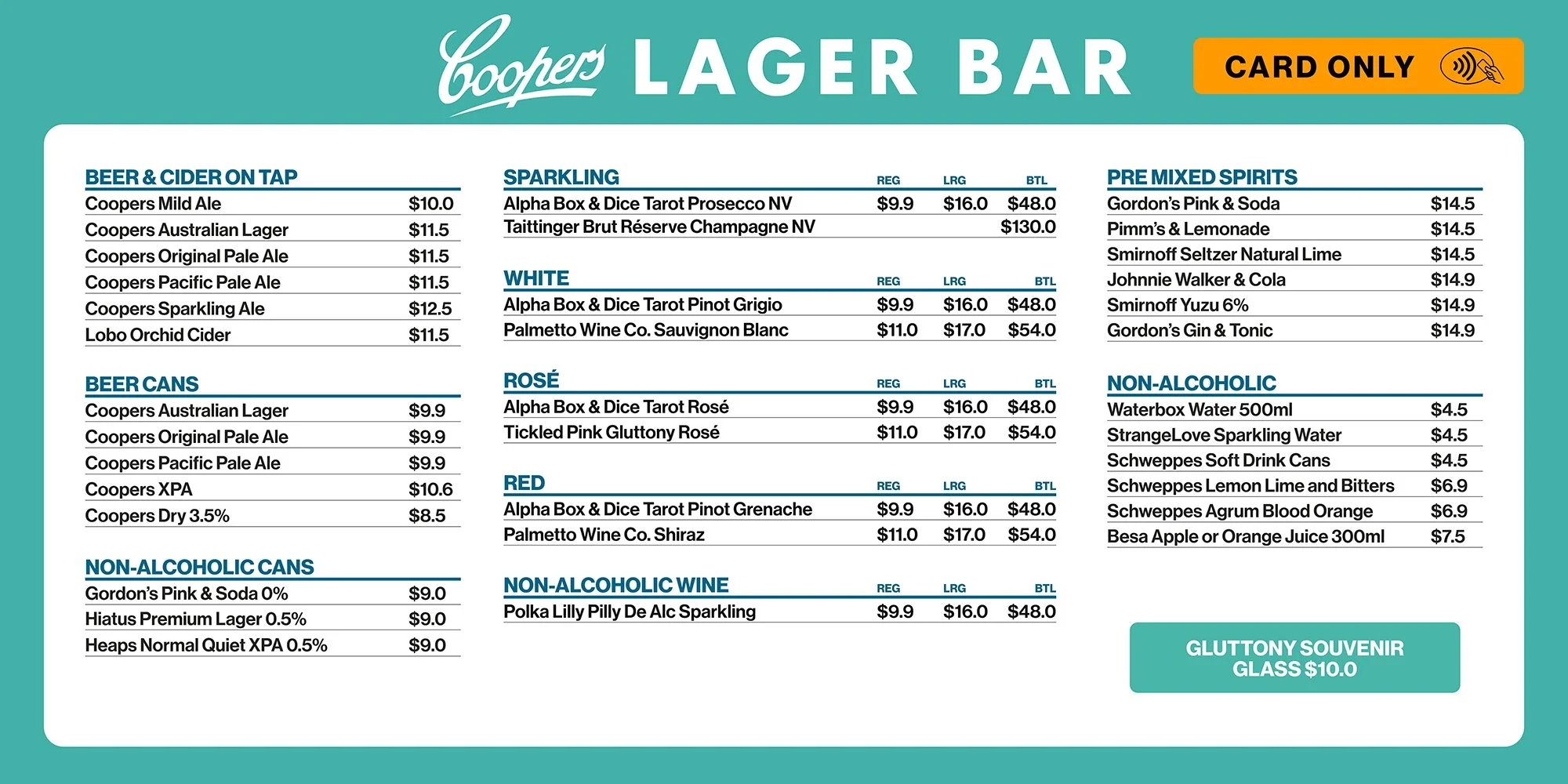 Menu board titled 'Coopers Lager Bar' with categories including Beer & Cider on Tap, Beer Cans, Non-Alcoholic Cans, Sparkling, White, Rosé, Red, Non-Alcoholic Wine, Pre Mixed Spirits, and Non-Alcoholic drinks. Prices range from $4.5 to $130, and it's
