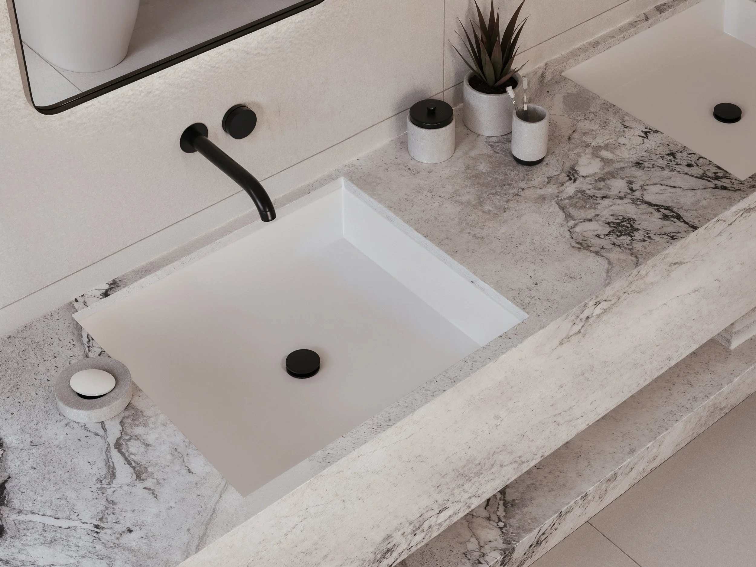 Bathroom sink with black faucet, soap dispenser, toothbrush holder, potted plant, and mirror.
