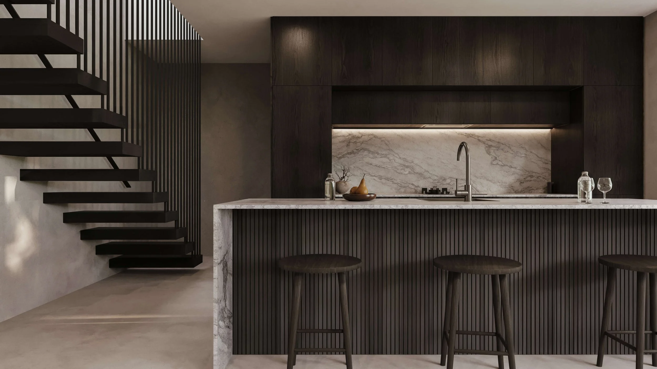 Modern kitchen with dark wood and marble accents, featuring a marble island with bar stools, a staircase with black steps on the left, and dark cabinetry with a marble backsplash.