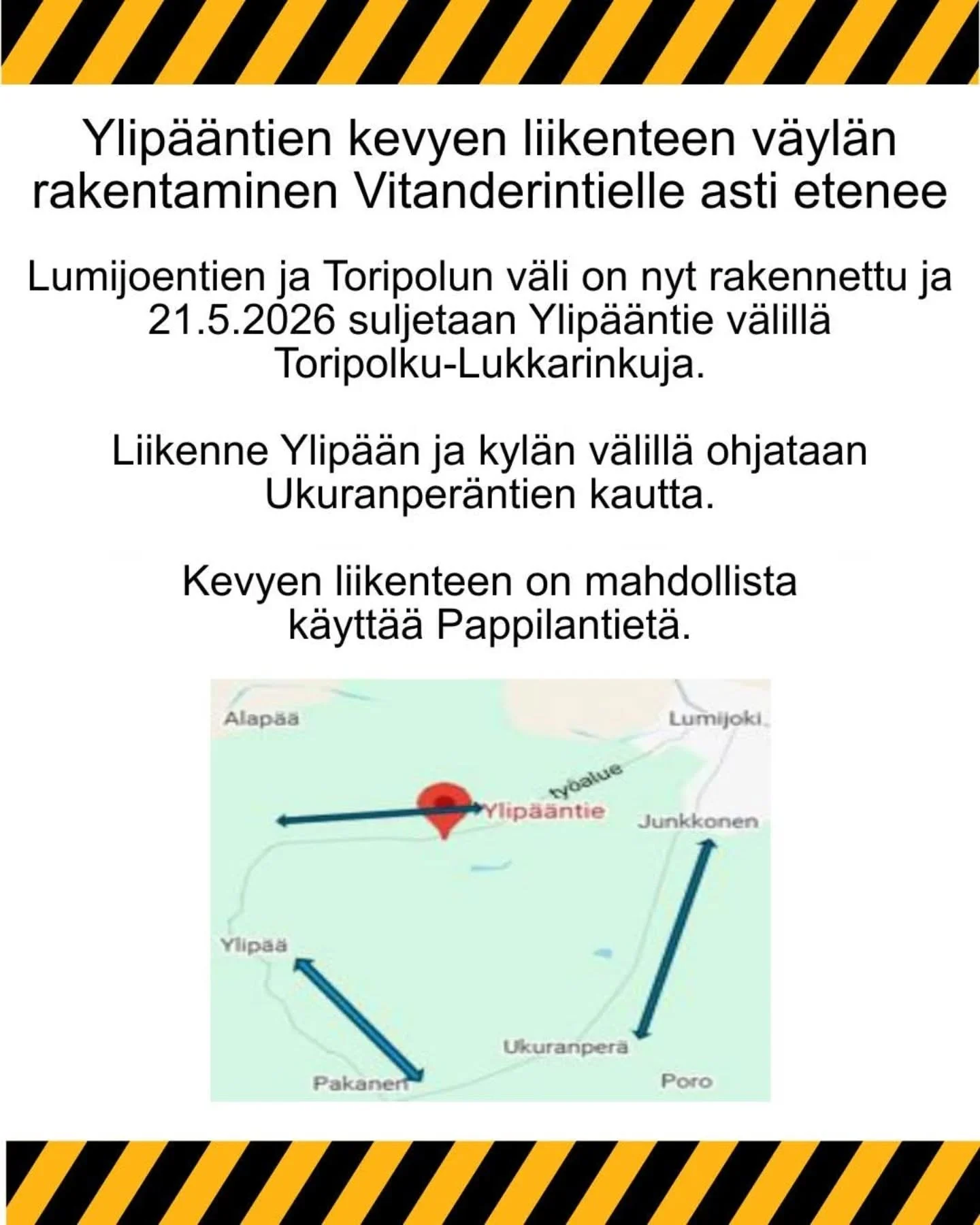 ‼️‼️Huomio kaikki hoitolaan tulijat, jotka ajatte Lumijoen keskustan kautta hoitolaan Lumijoen kirkon kupeesta Ylip&auml;&auml;ntien kautta!!!‼️‼️

Liikennej&auml;rjestelyt ovat muuttuneet kevyenliikenteenv&auml;yl&auml;n rakentamisen vuoksi. T&auml;