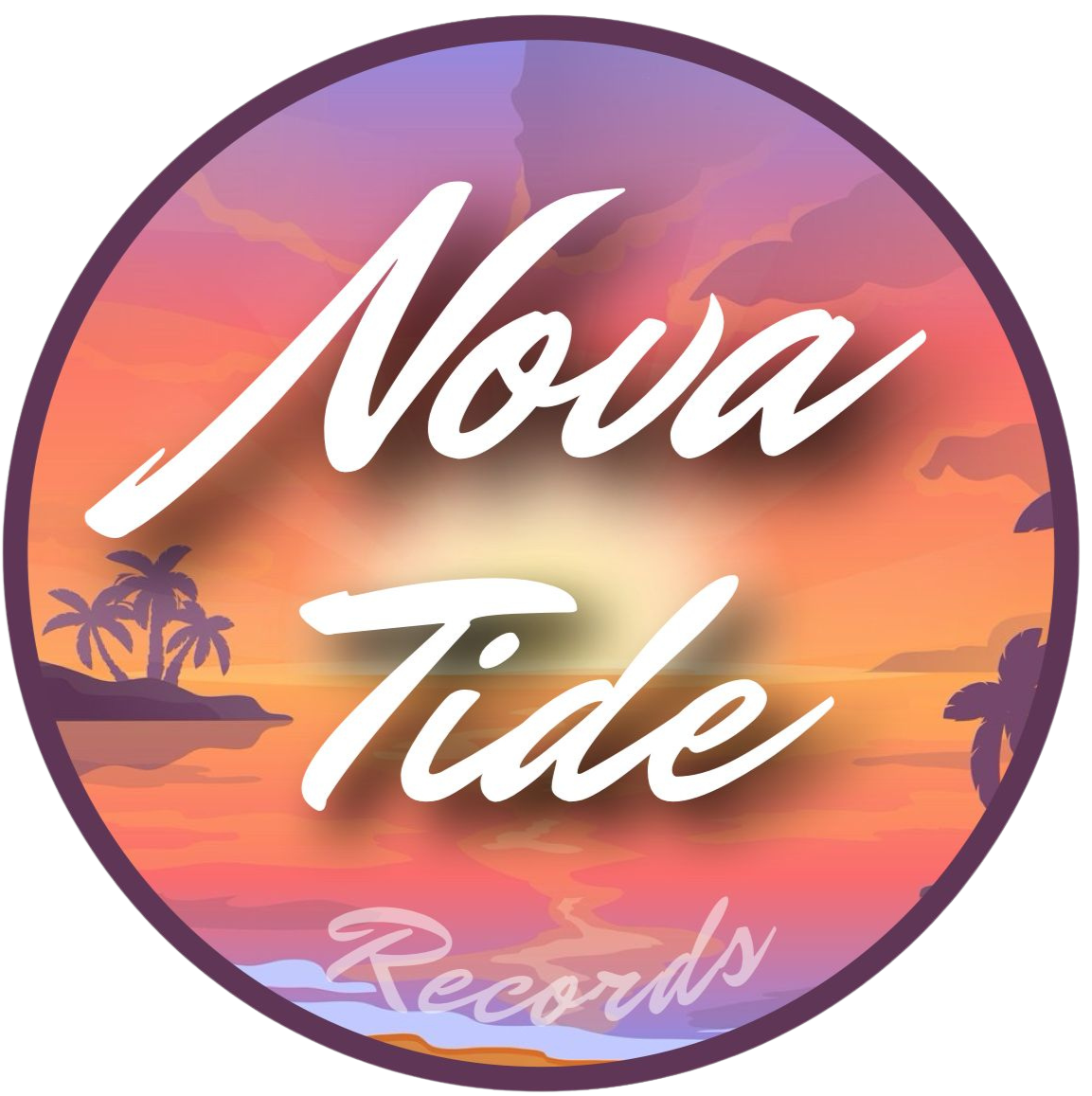 A circular logo with tropical sunset background, palm trees, and ocean, with the text 'Nova Tide Records' in white cursive font.