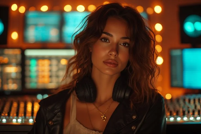 A young woman with wavy brown hair and headphones around her neck in a professional recording studio with glowing monitors and orange lights.