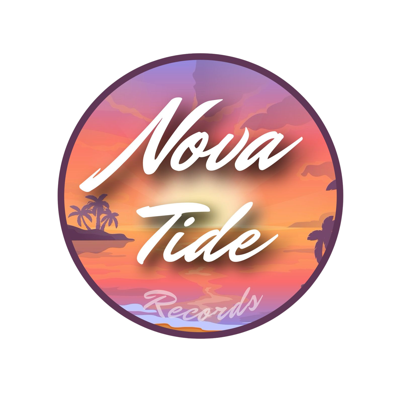 Logo for Nova Tide Records featuring a sunset over the ocean with palm trees and stylized text.