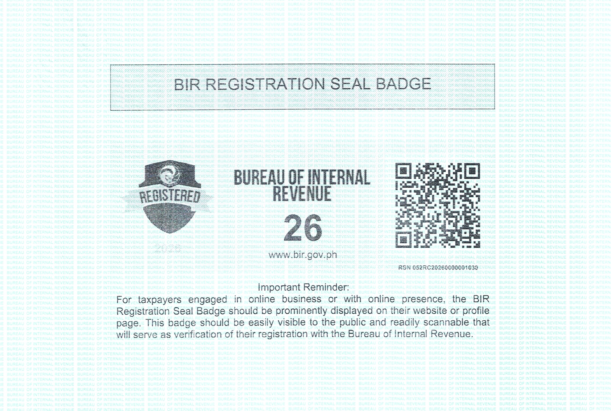 BIR registration seal badge from the Bureau of Internal Revenue, with a QR code and reminder about display requirements for online business registration.