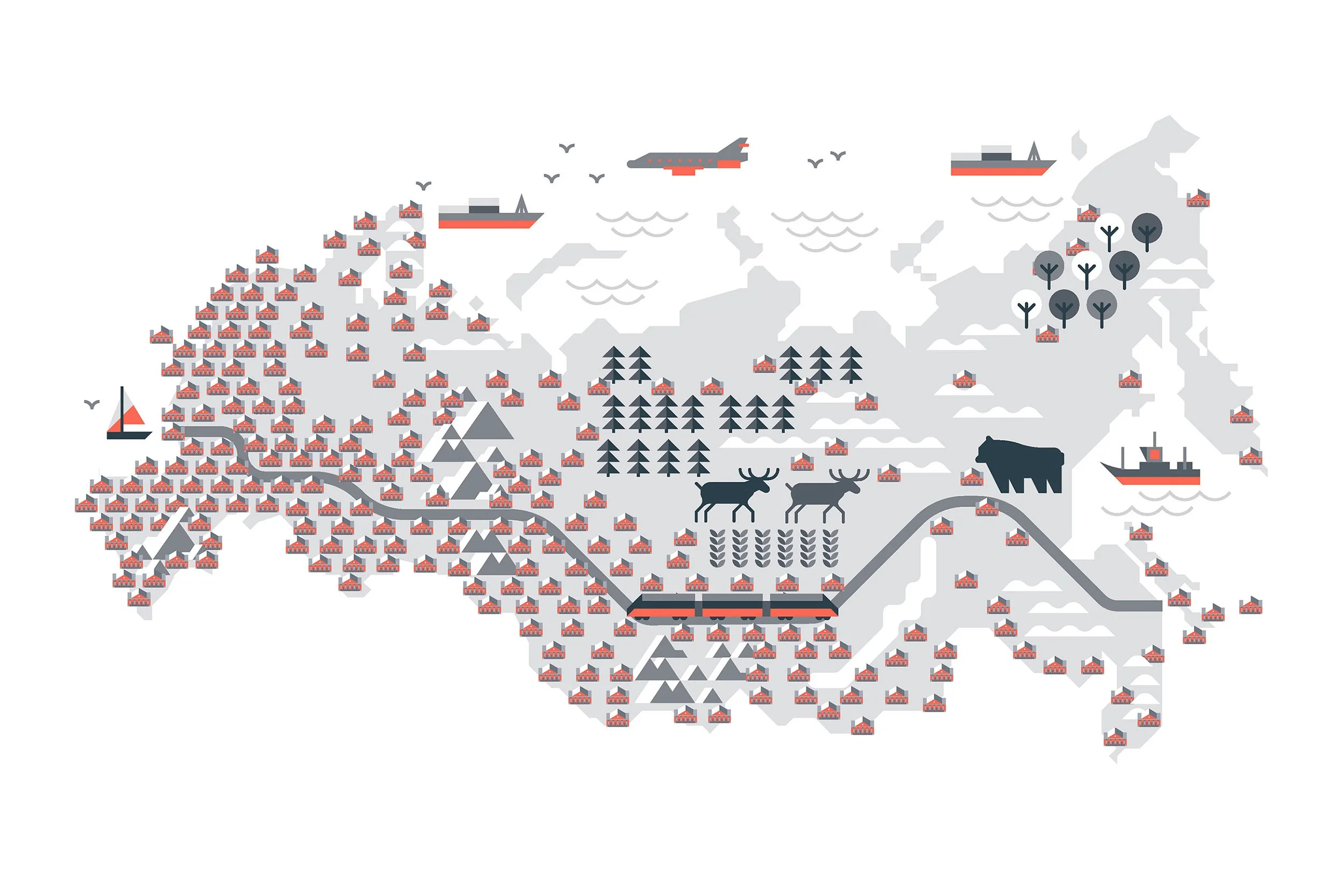 An illustrated map of Russia featuring landmarks, transportation like trains, airplanes, ships, and various icons representing nature, animals, and cities.