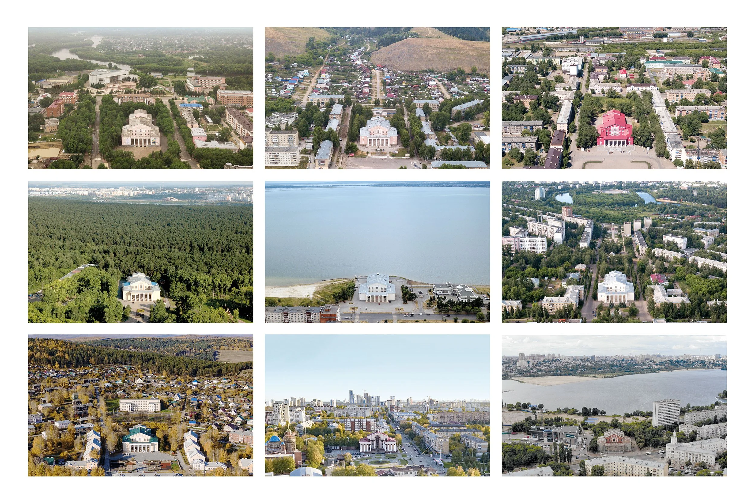 A collage of nine aerial photographs showing various cityscapes, parks, and bodies of water, including buildings, trees, residential areas, and lakes.