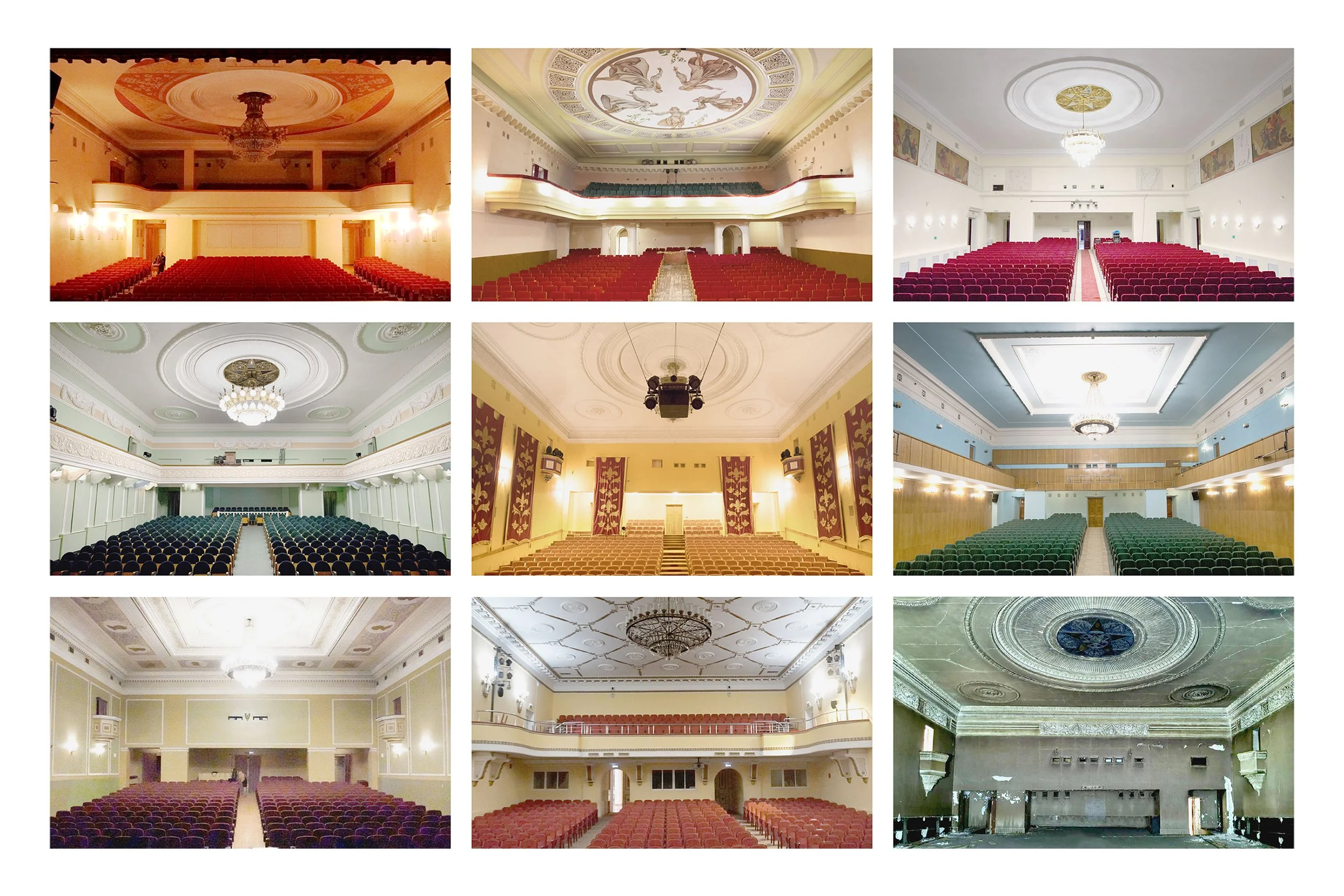 Collage of nine theater or concert hall interiors with ornate ceilings, chandeliers, and rows of chairs in various colors.