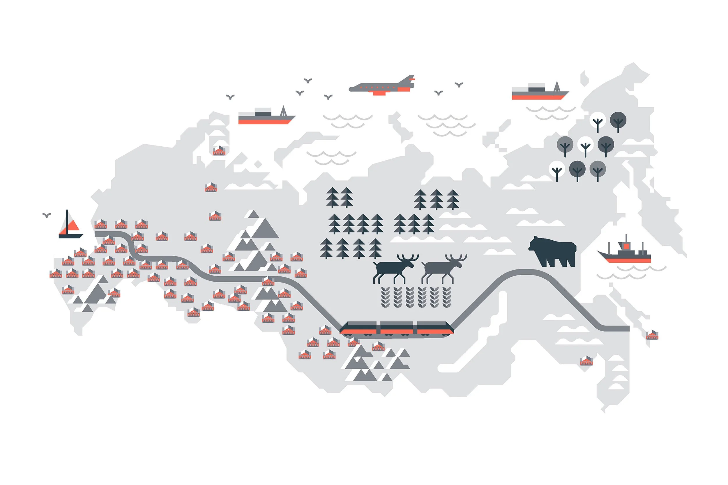 Illustrated map of Russia showing mountains, forests, lakes, and cities, with symbols of trains, ships, animals like moose and bears, and natural features.