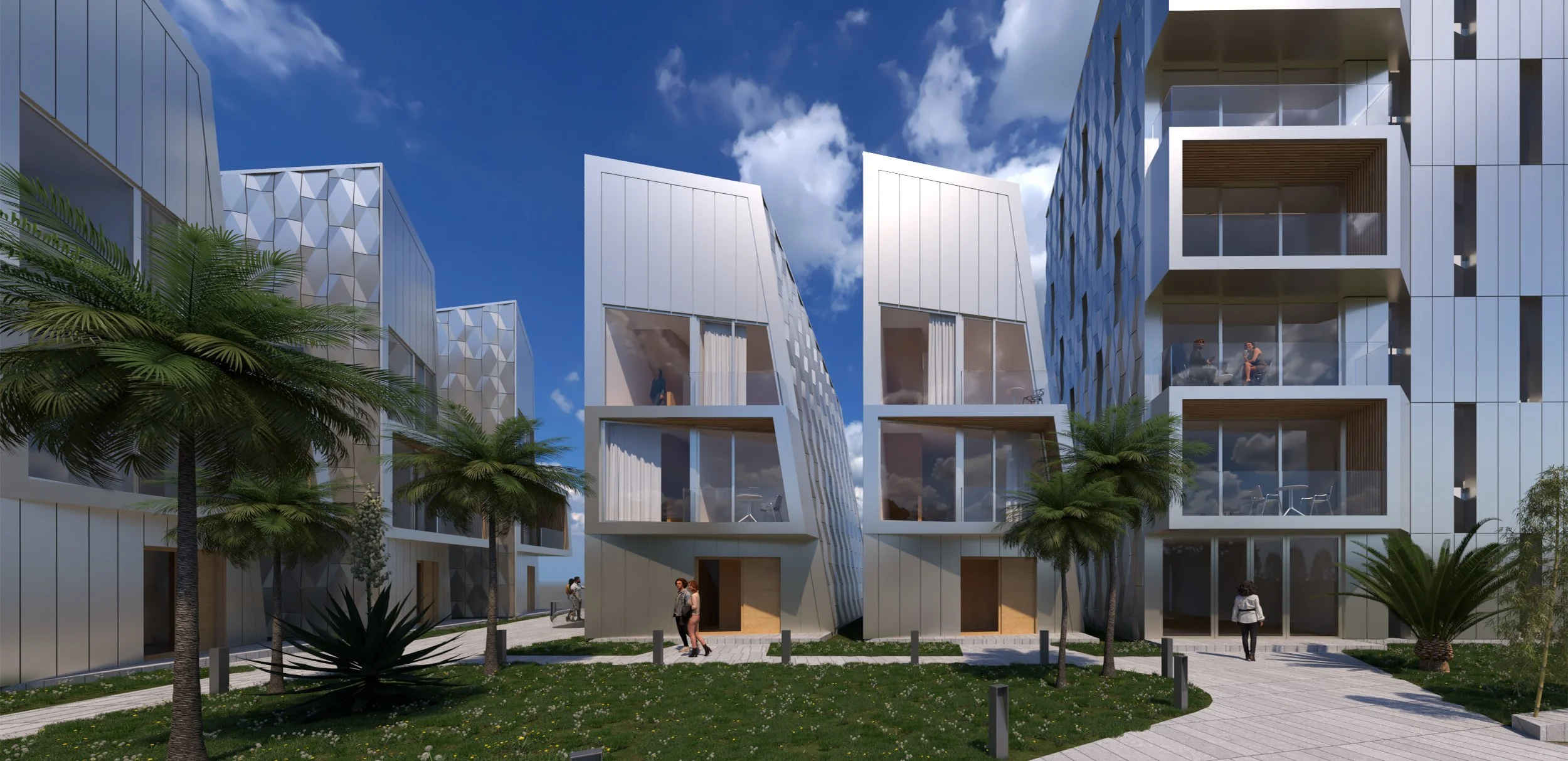 Modern residential buildings with angular white facades and large glass balconies, surrounded by palm trees and a grassy courtyard, under a partly cloudy blue sky.