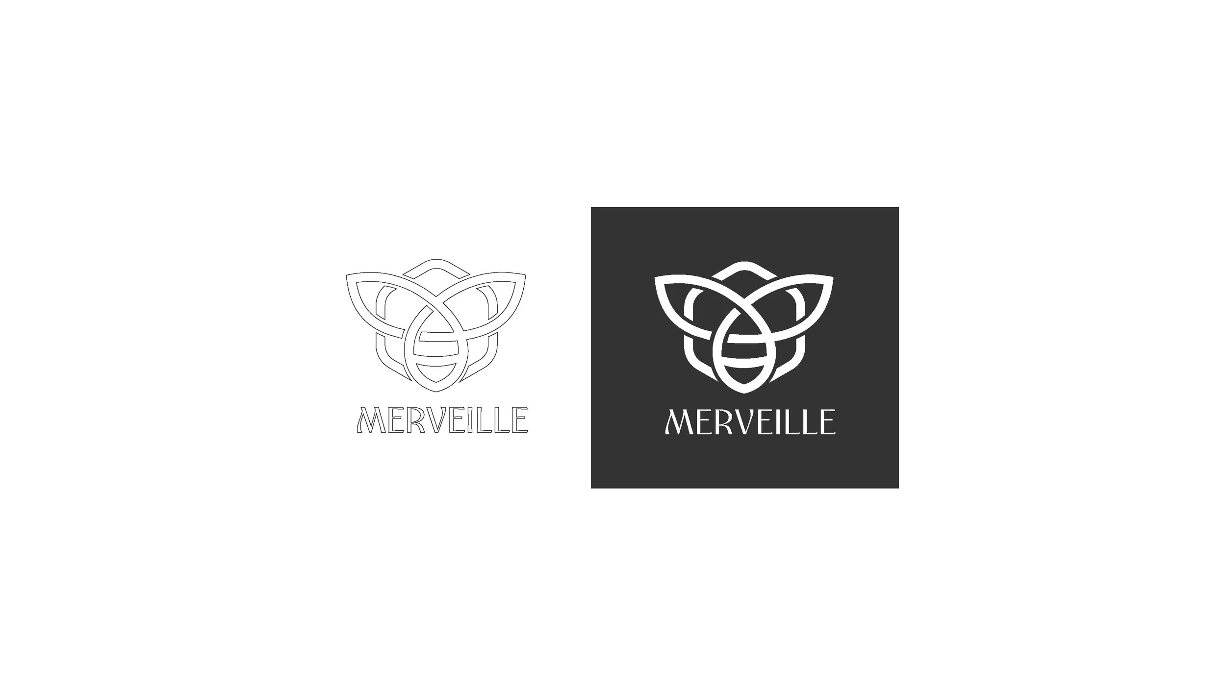 Comparison of two logo designs for Merveille. The left logo is a white outline of a stylized flower with the word 'MERVEILLE' below, set against a white background. The right logo is the same design in white with a black background and the word 'MERV