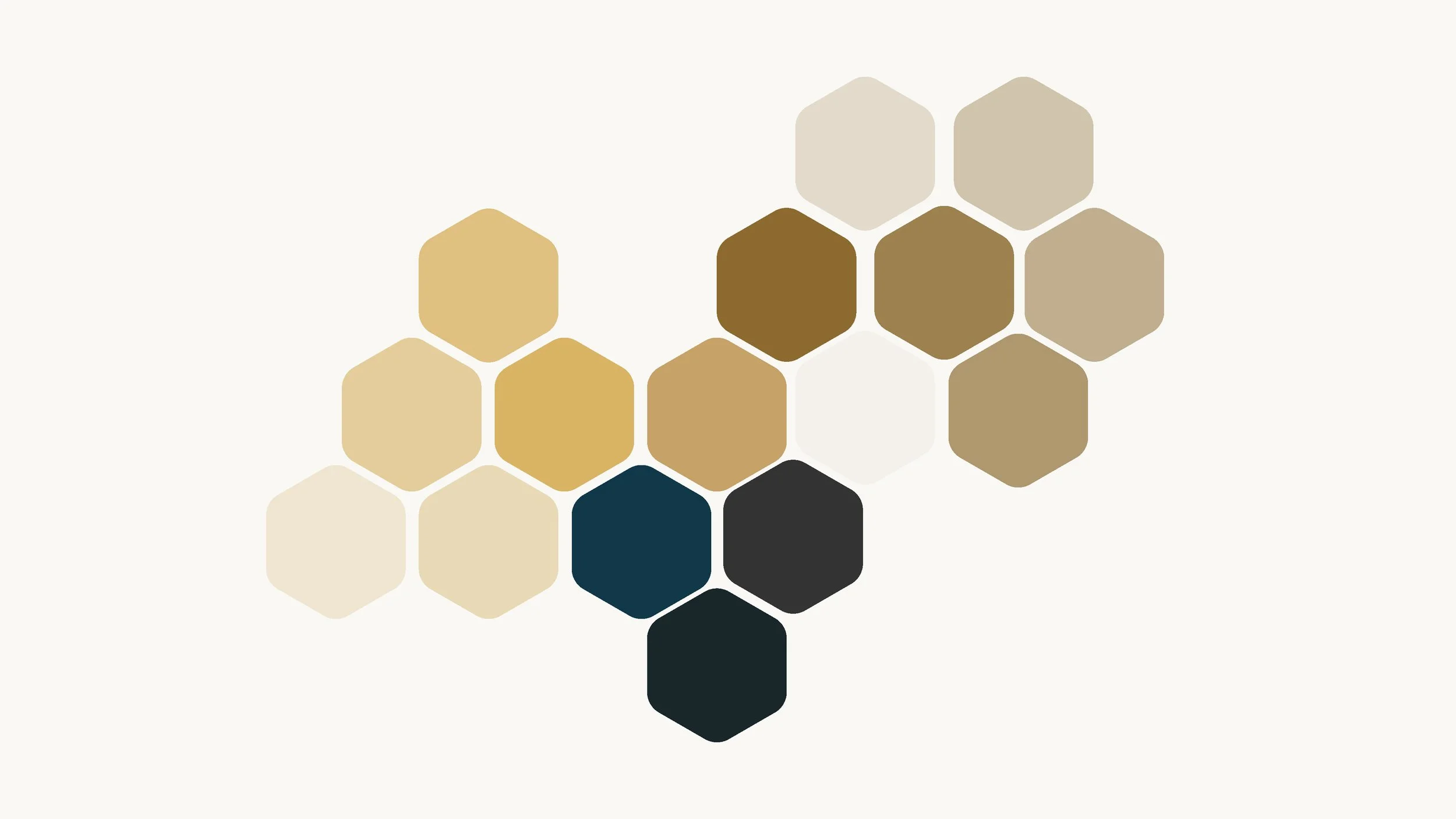 A collection of hexagons in various shades of beige, brown, blue, black, and teal arranged in a pattern.