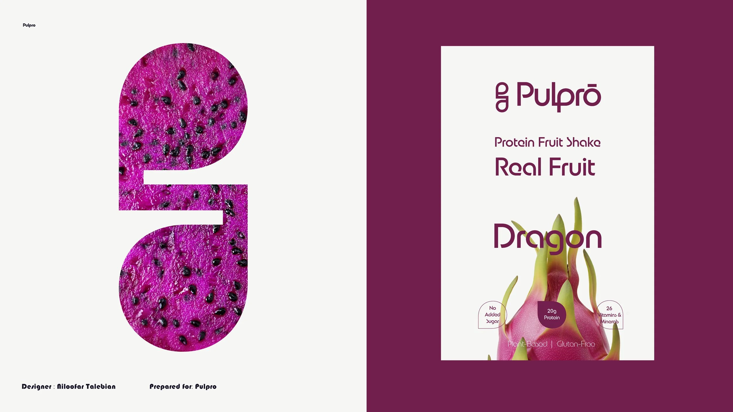 Package design for a Pulpro protein fruit shake flavored with dragon fruit. The left side features a large stylized letter 'P' filled with a close-up image of dragon fruit with pink flesh and black seeds. The right side displays the product name and 