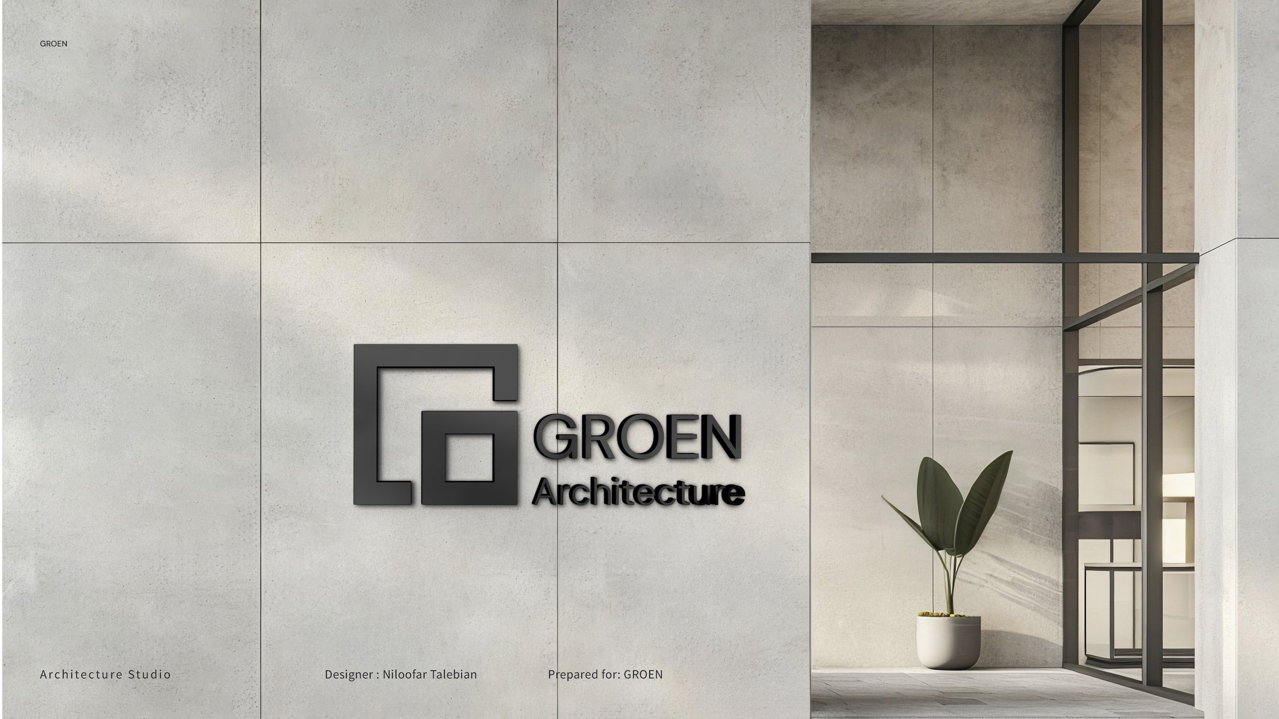 Modern interior entrance with minimalistic design, featuring a large light-colored tiled wall with GROEN Architecture logo, and a tall green plant in a white pot to the right of the entrance door.