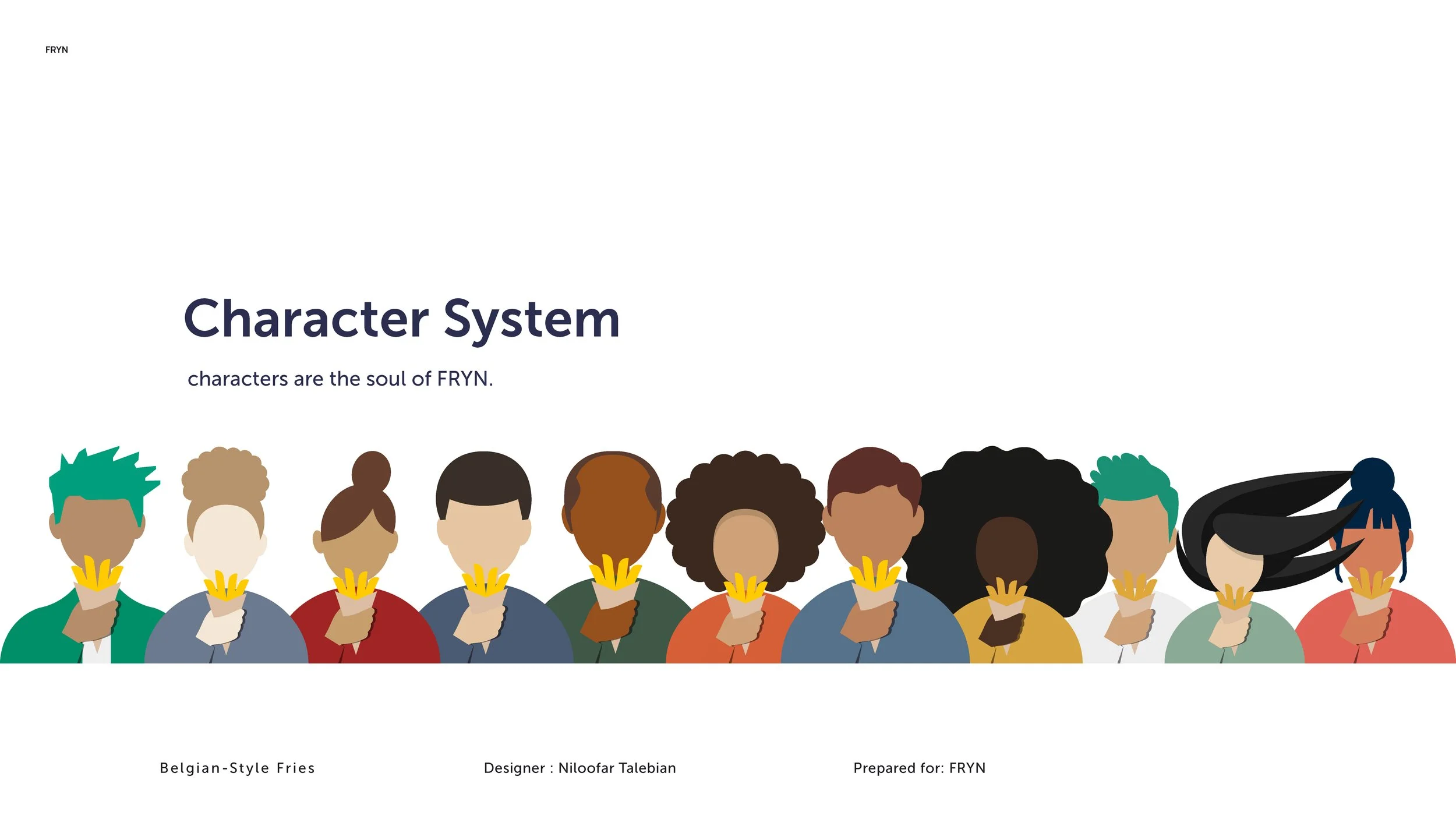 Illustration of diverse characters holding yellow fries near their mouths, with the text 'Character System' at the top.