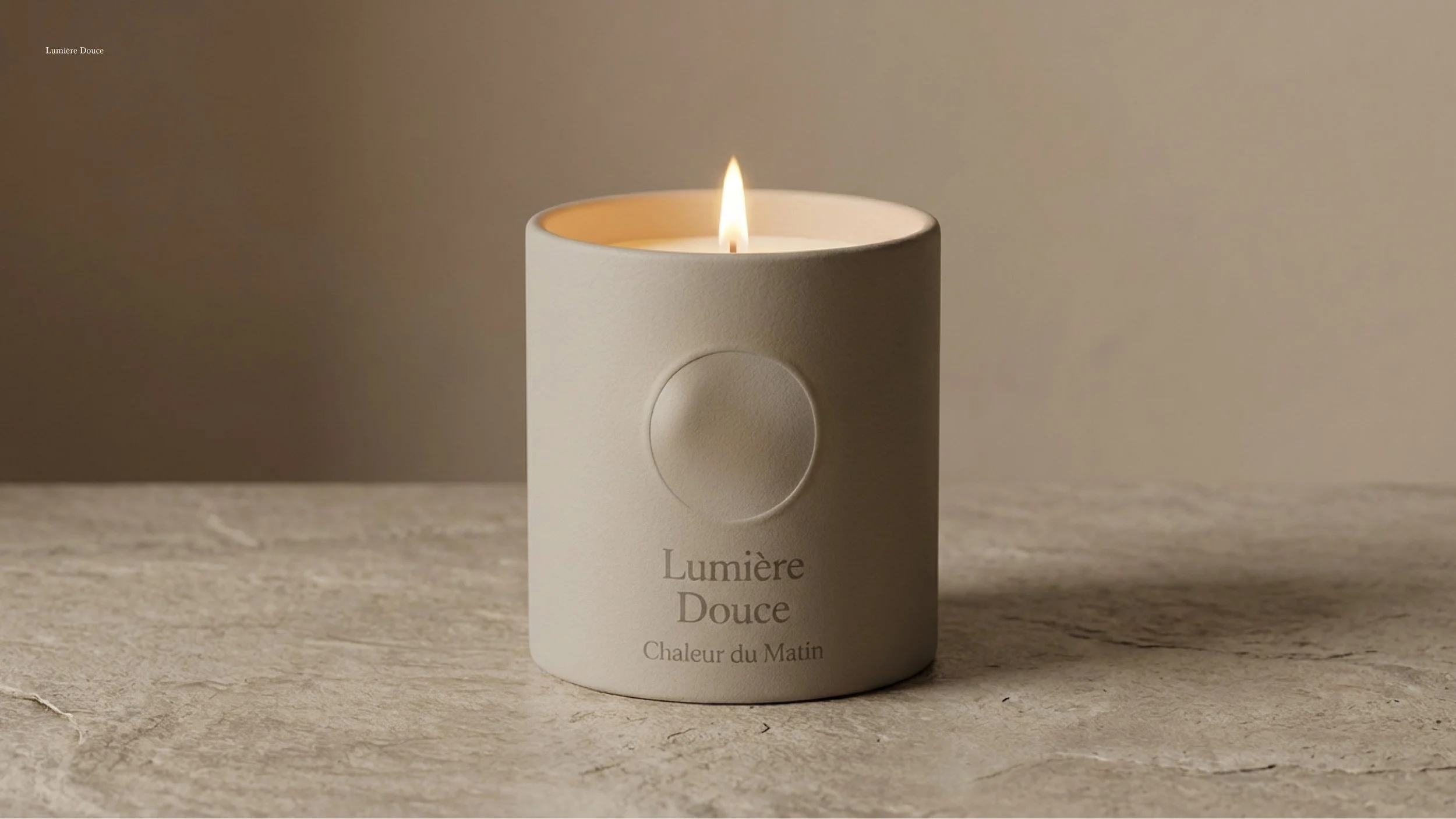 Cream-colored candle with a lit flame, placed on a textured wooden surface, with soft beige wall background.