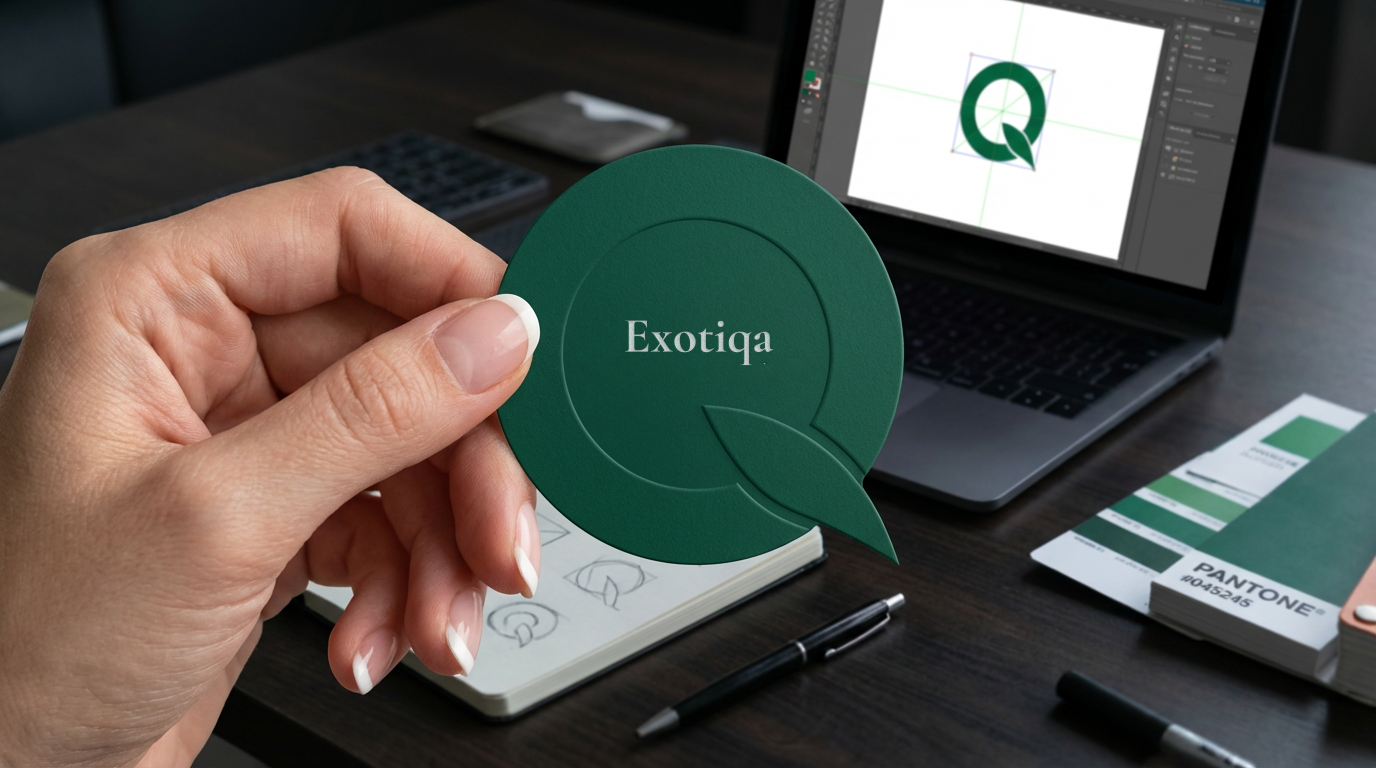 A person holding a green card with the word 'Exotiga' inside a speech bubble design, with a laptop, color palette, and design sketches on the workspace table.