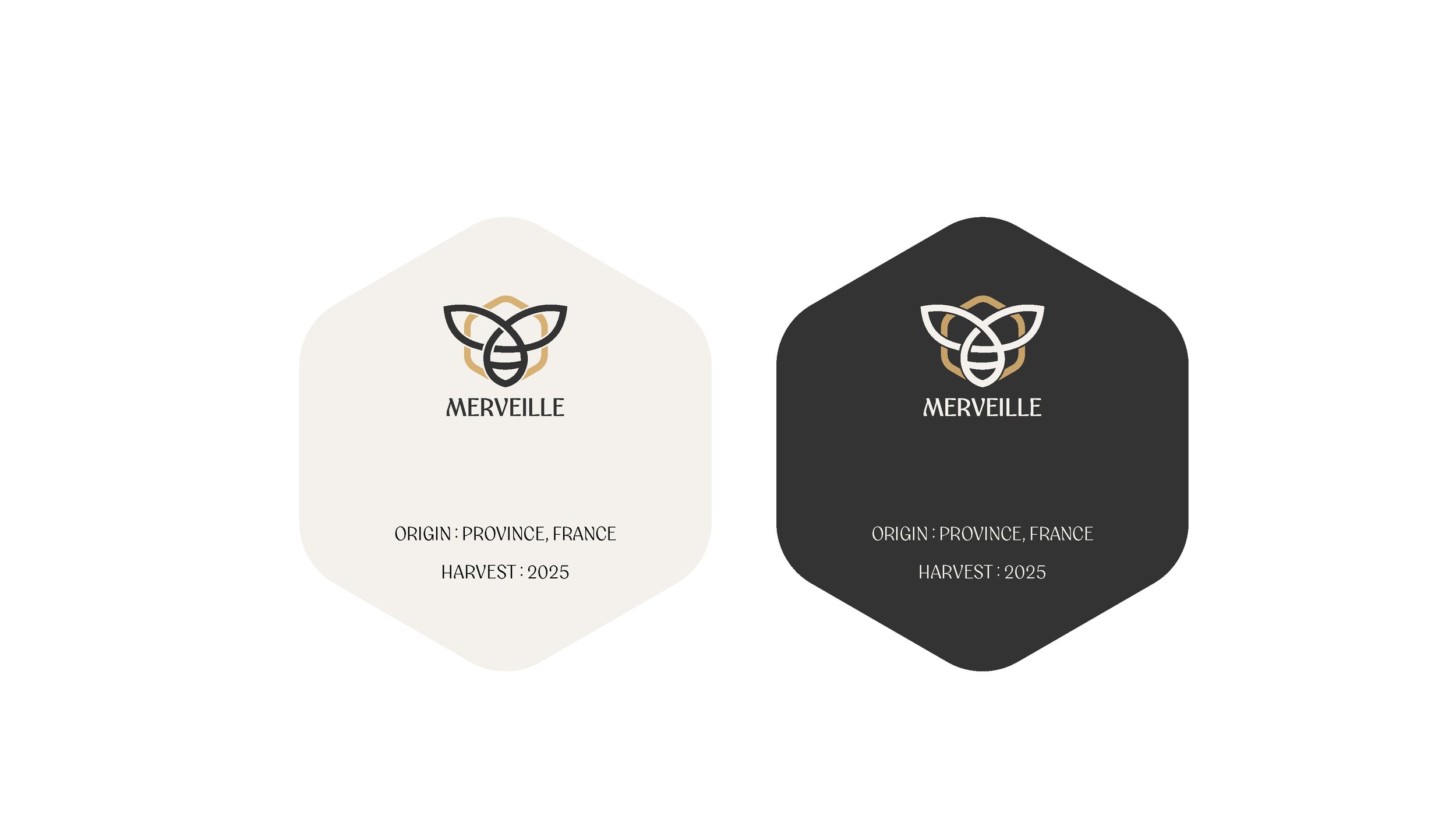 Two wine labels, one with a white background and the other with a black background. Both labels feature a bee logo and the word 'Merveille' beneath it. The labels indicate the wine's origin as Province, France, and the harvest year as 2025.