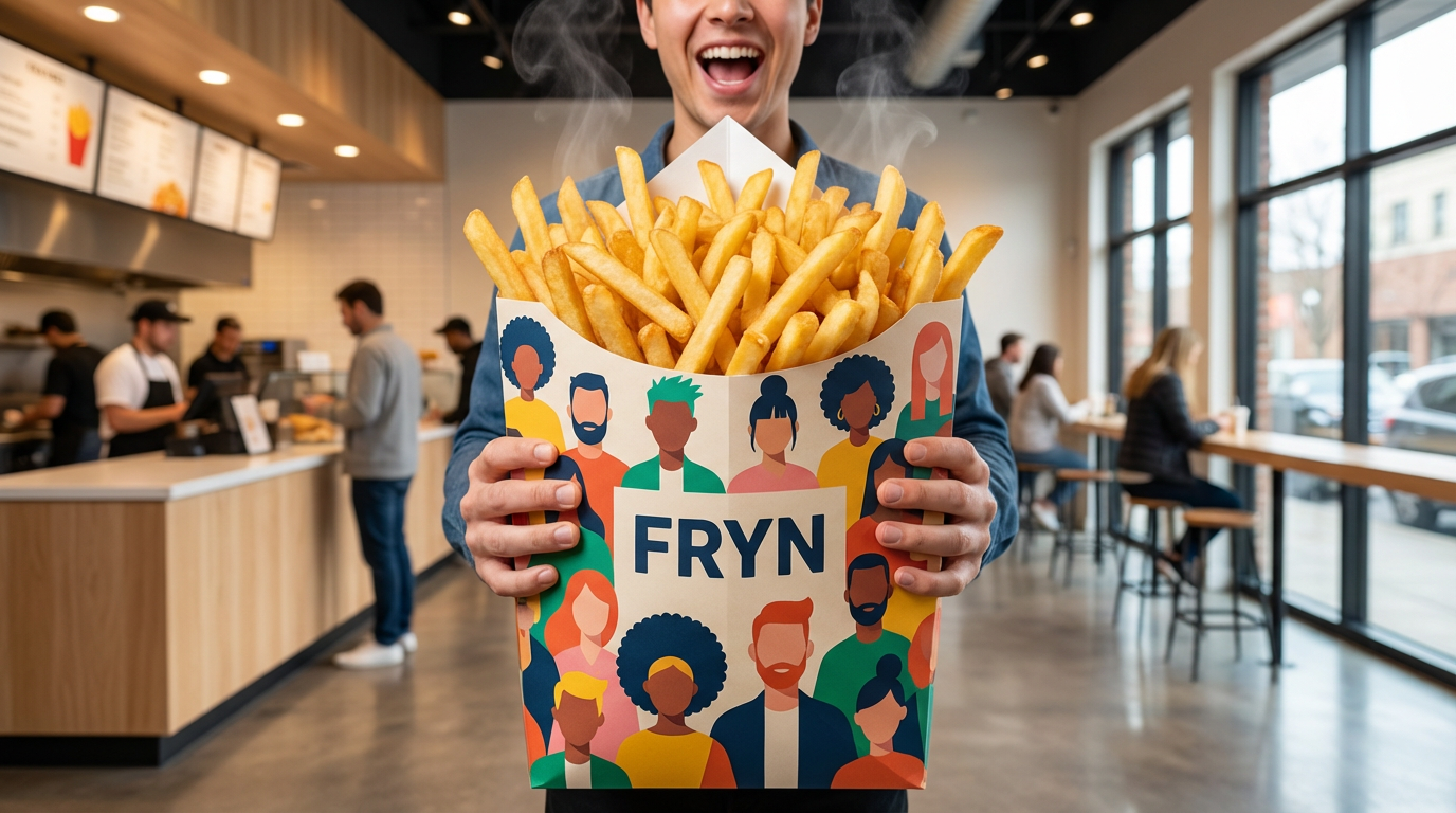A man holding a large container of French fries inside a fast-food restaurant, with steam rising from the fries and a cheerful expression.