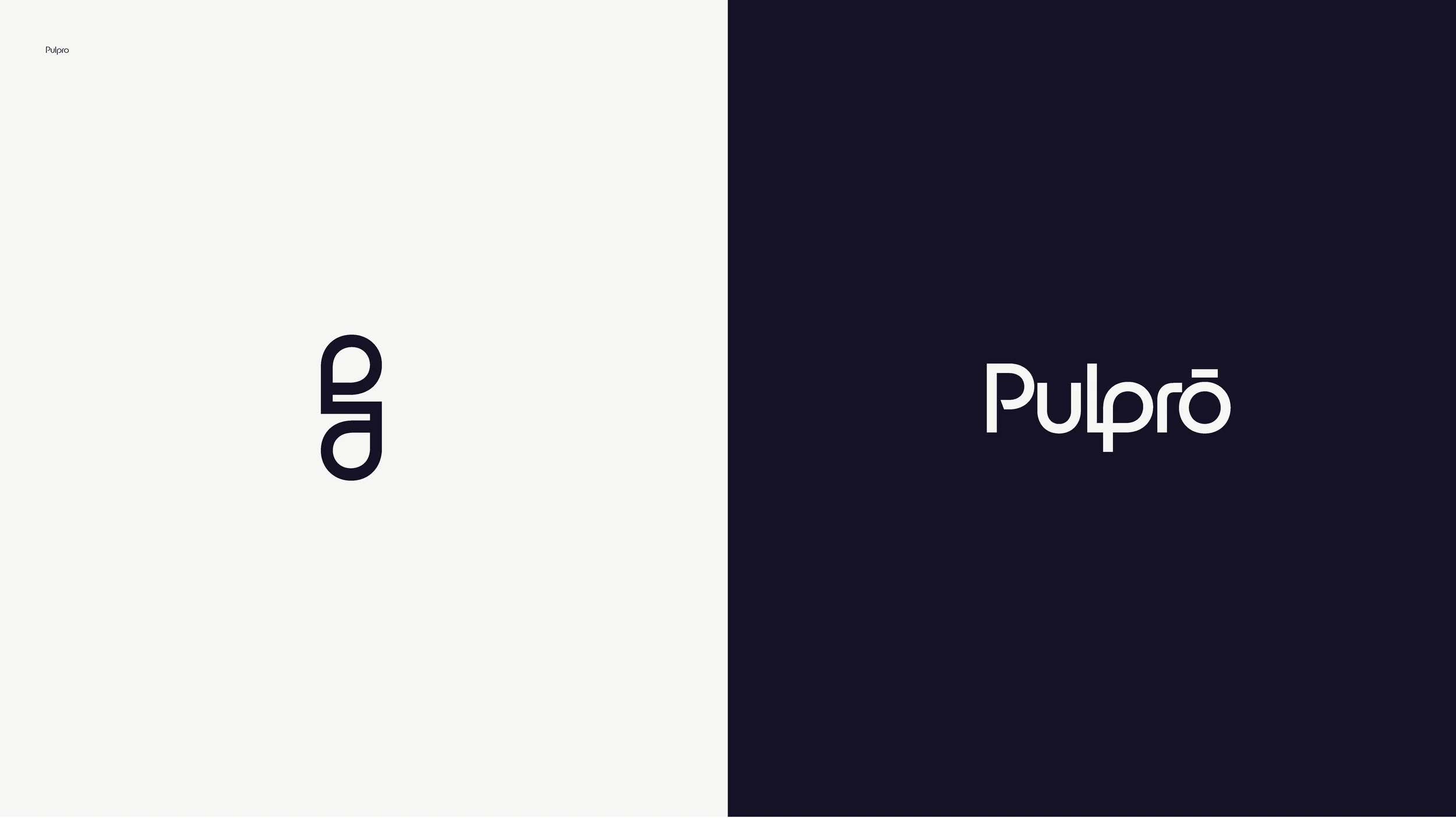 Split screen with white and dark backgrounds, each displaying the word 'Pulprō' in different styles and orientations