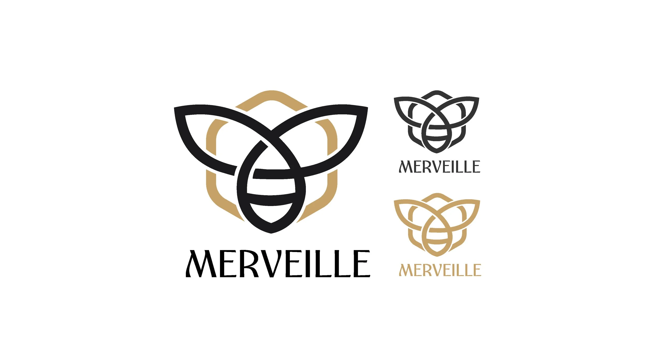 Three logos of a bee with stylized wings and hive shape, each with the word 'MERVEILLE' underneath, in black, gold, and black and gold, on a white background.