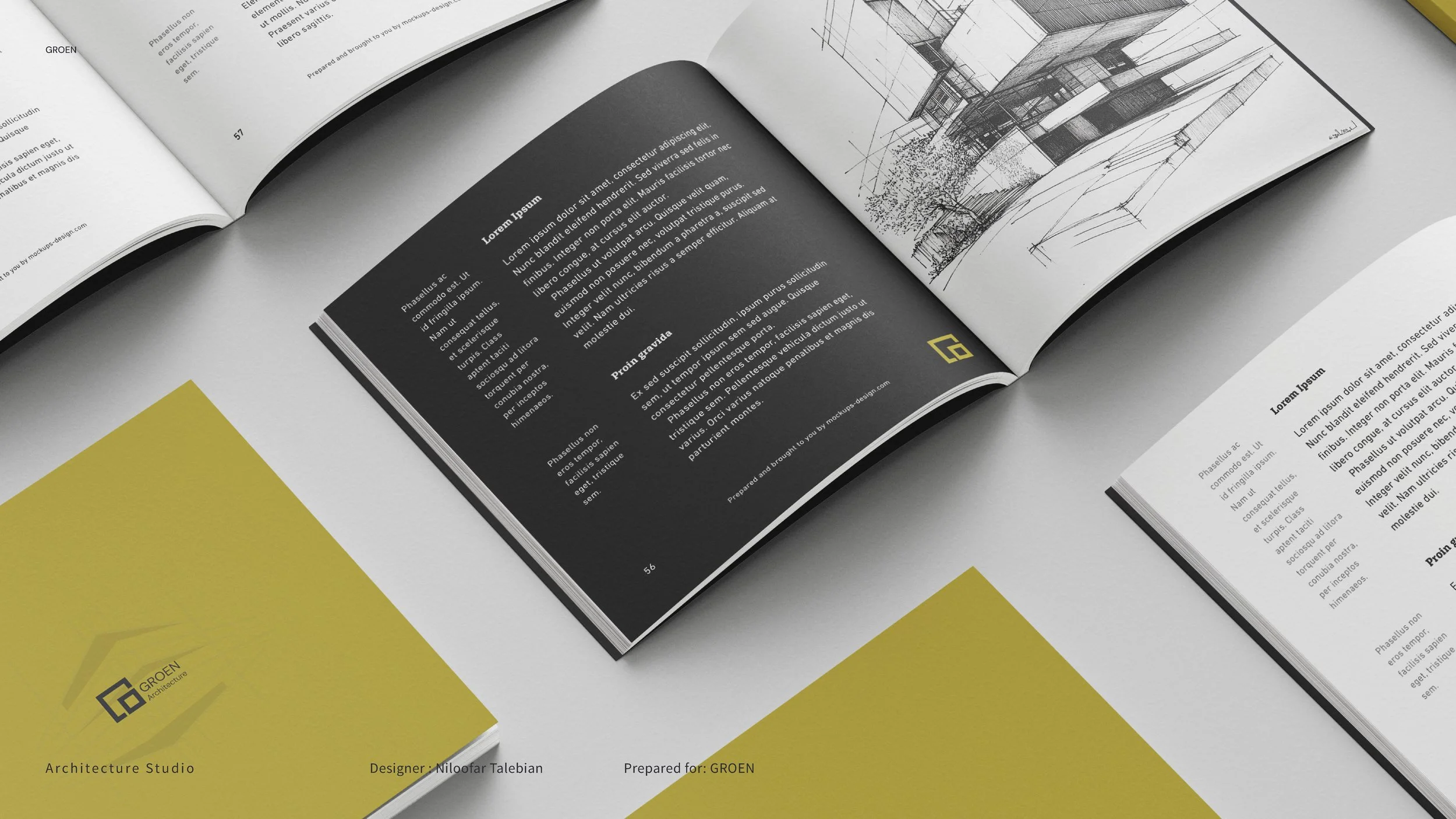 Open books and brochures on a grey surface, featuring architectural sketches, text in Latin, and a yellow brochure with a logo for 'GROEN Architecture Studio' and the text 'Designer: Niloofar Talebian' and 'Prepared for: GROEN'.