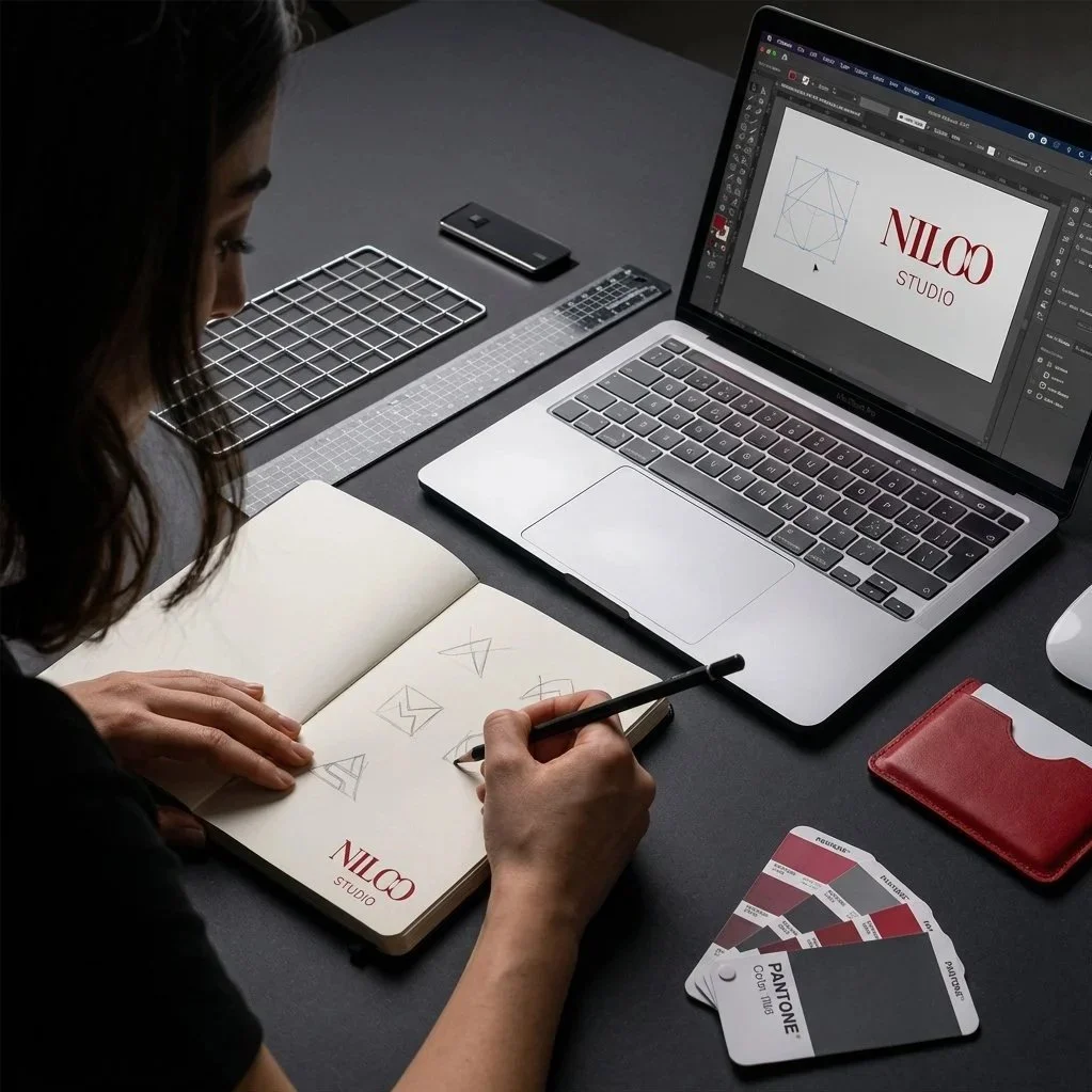 A woman designing logo sketches in a notebook, with a laptop displaying a graphic design program, color swatches, and designer tools on a black desk.