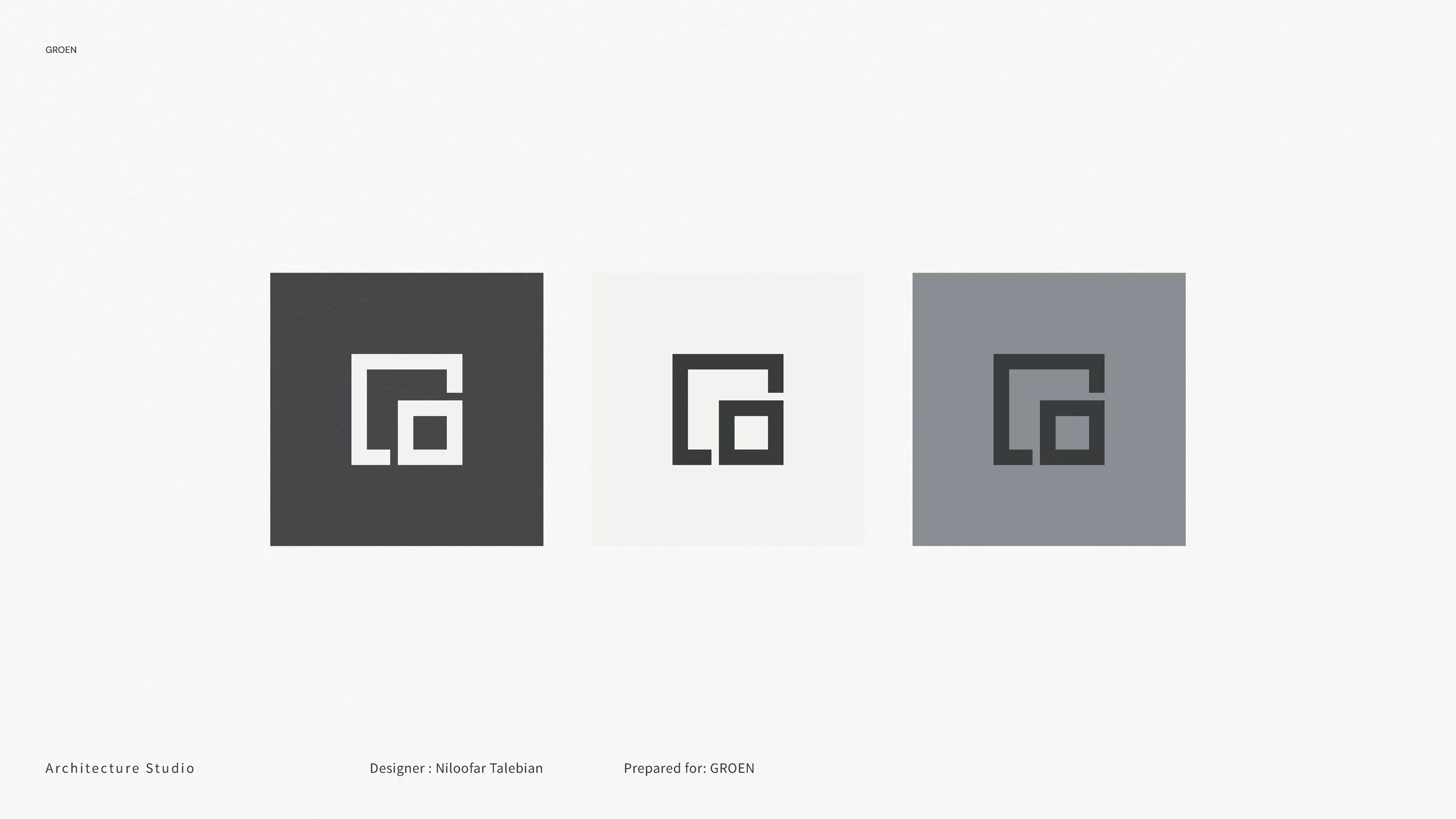 Three squares with the same logo in the centers, each with a different background color: dark gray, white, and light gray, for a color comparison.