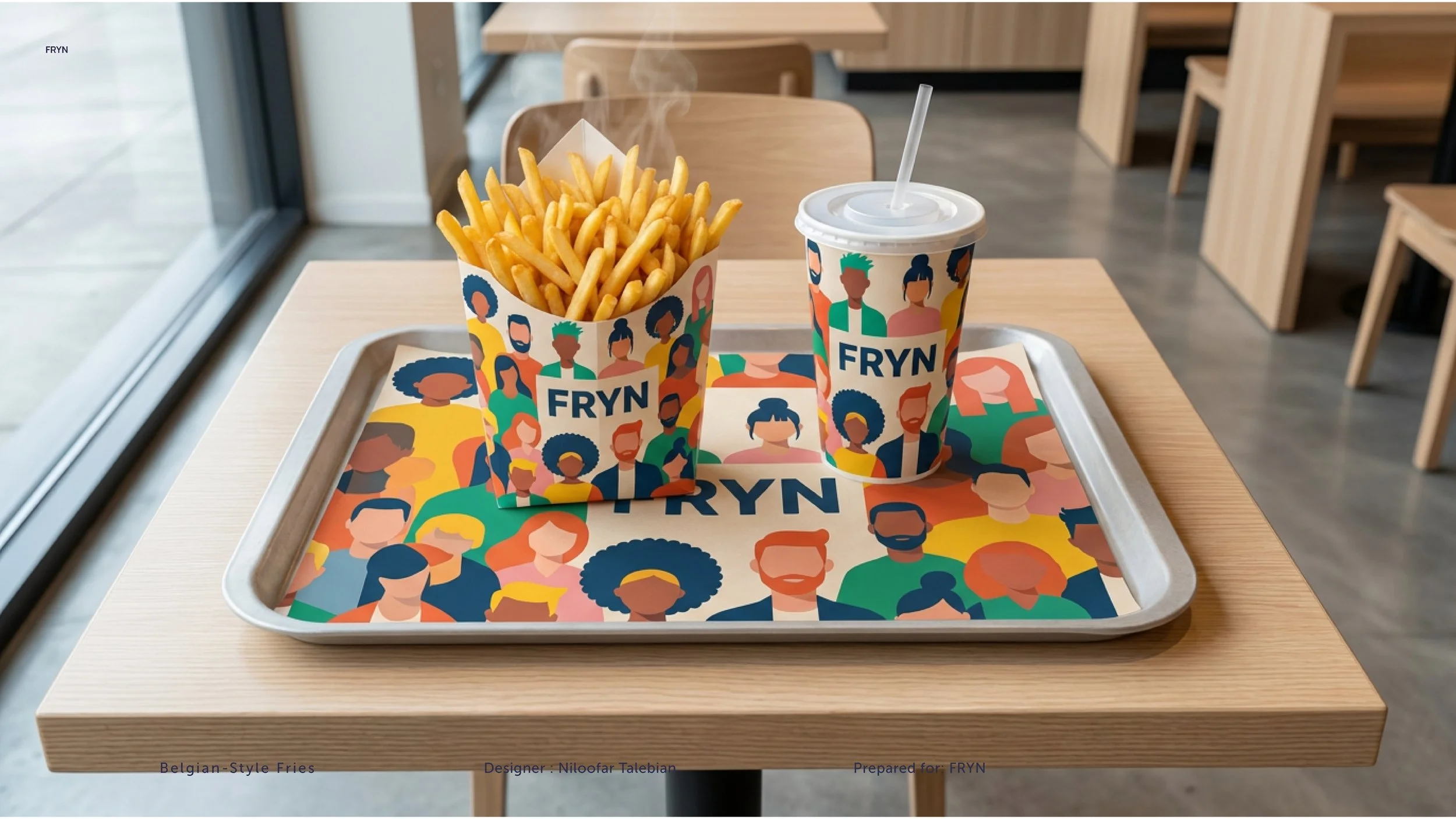 A tray with colorful paper wrapping containing french fries and a soft drink on a wooden table at a restaurant called FRYN.
