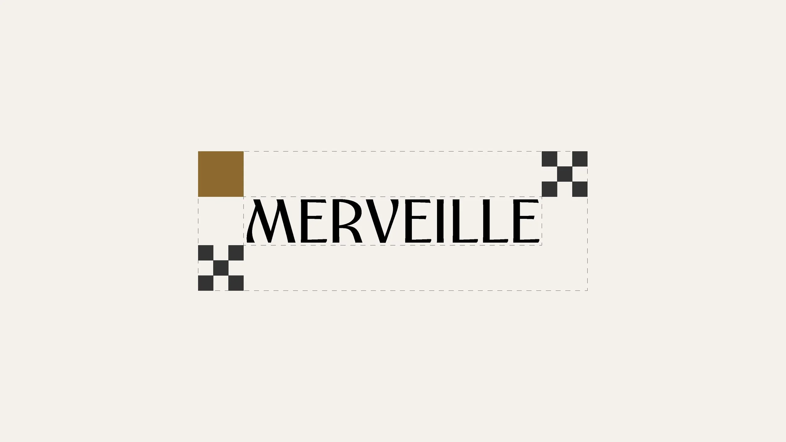 Logo with the word 'MERVEILLE' in black text, decorated with black and white checkered squares and a brown square on the top left corner, on a cream background.