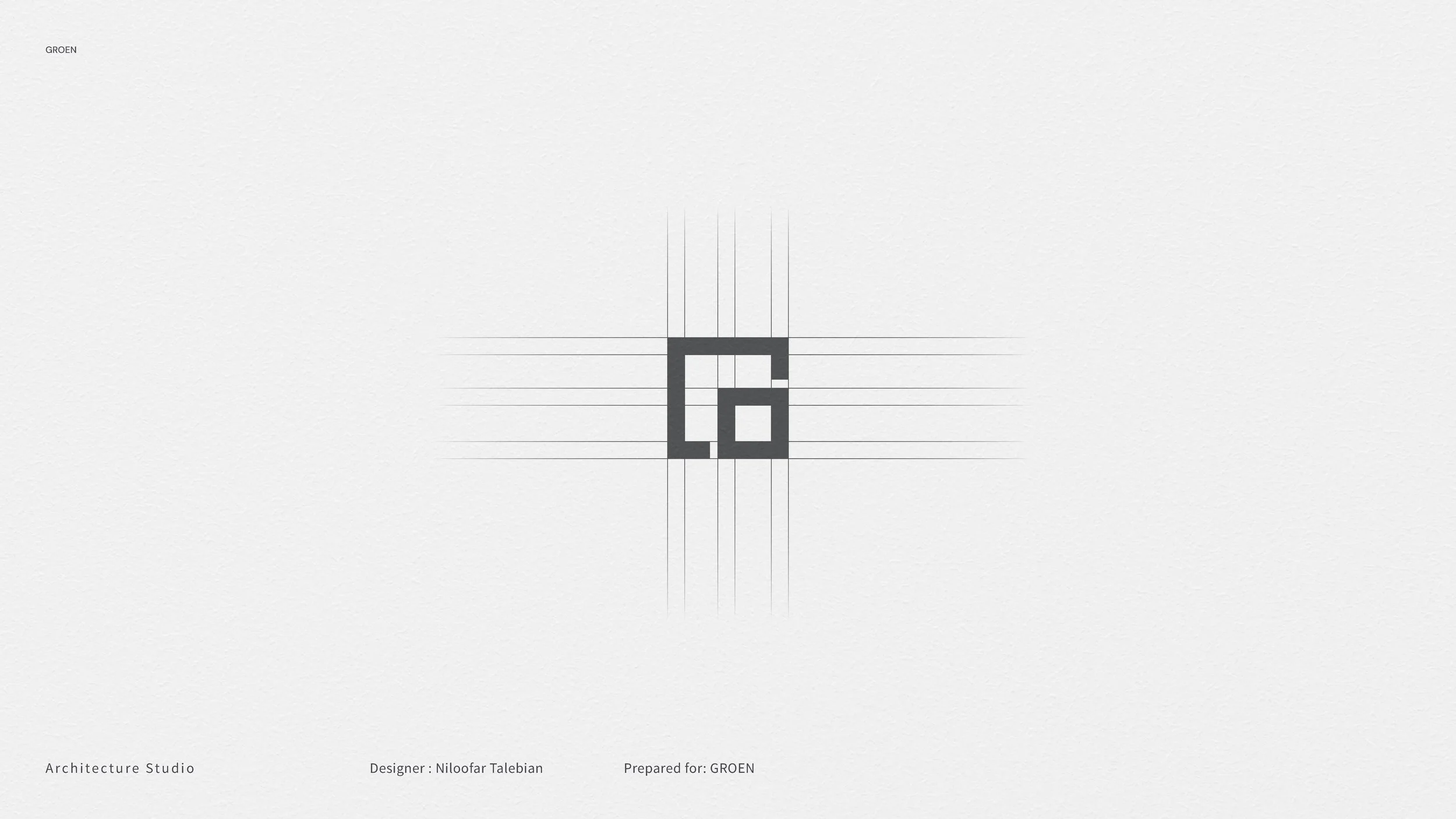 Minimalist architectural blueprint featuring a pixel art logo at the center, with grid lines and annotations indicating design layout, prepared for GROEN by designer Niloofar Talebian.