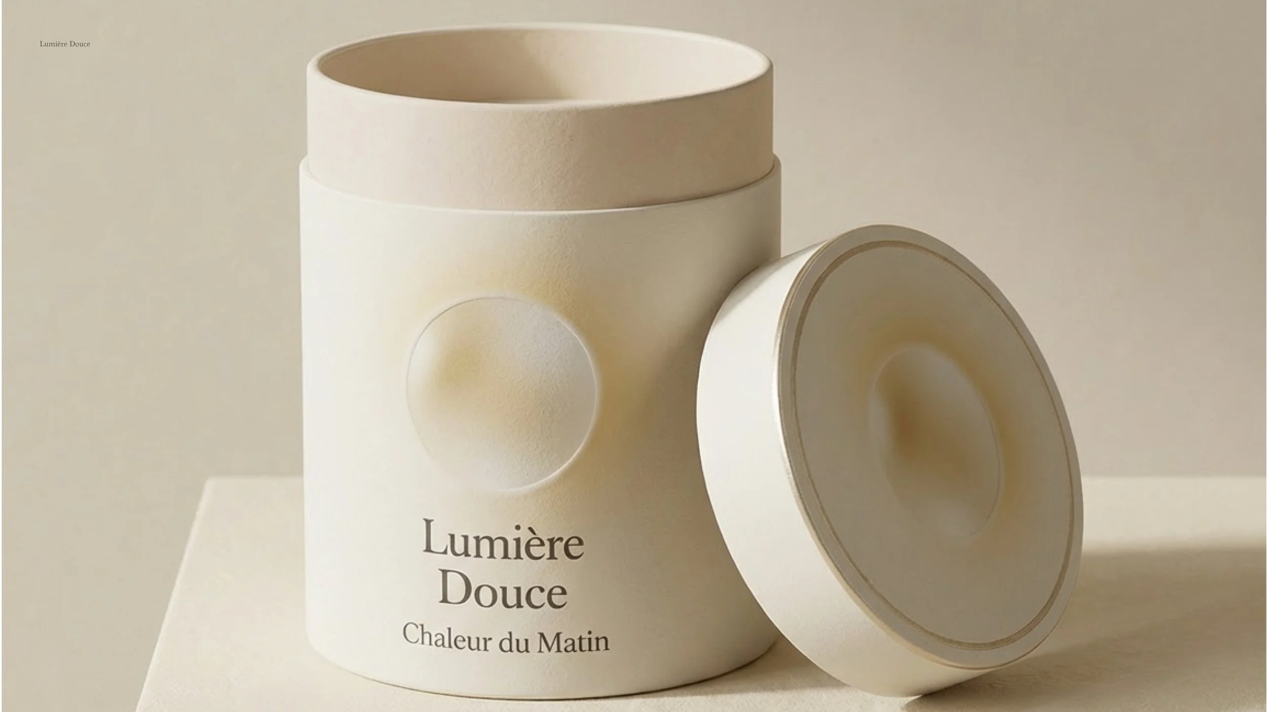 A minimalist cream-colored candle container with a removable lid, labeled 'Lumière Douce Chaleur du Matin' in elegant font, set against a neutral background.