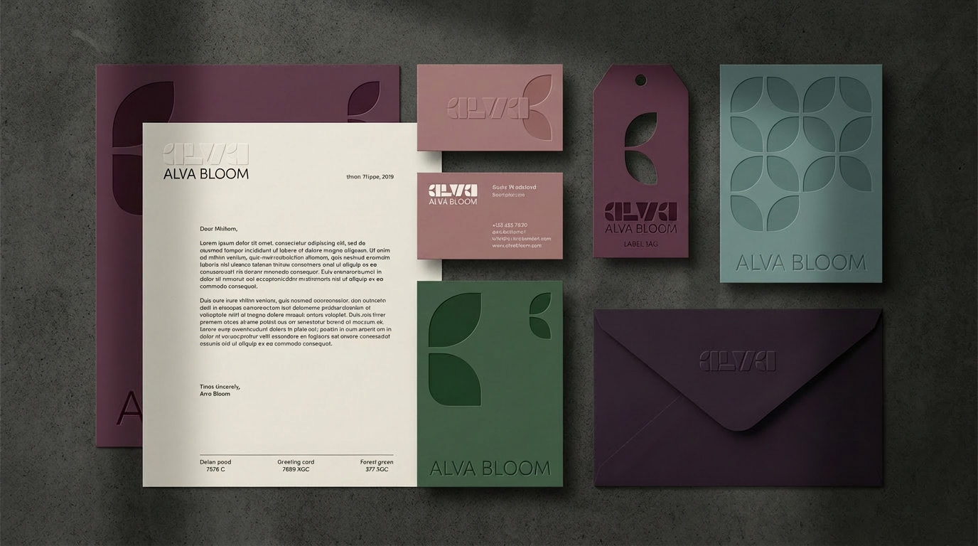 A collection of stationery items including letterhead, business cards, tags, envelopes, and note cards, all branded with 'ALVA BLOOM' and featuring a modern leaf design in shades of purple, green, and blue, displayed on a dark textured surface.