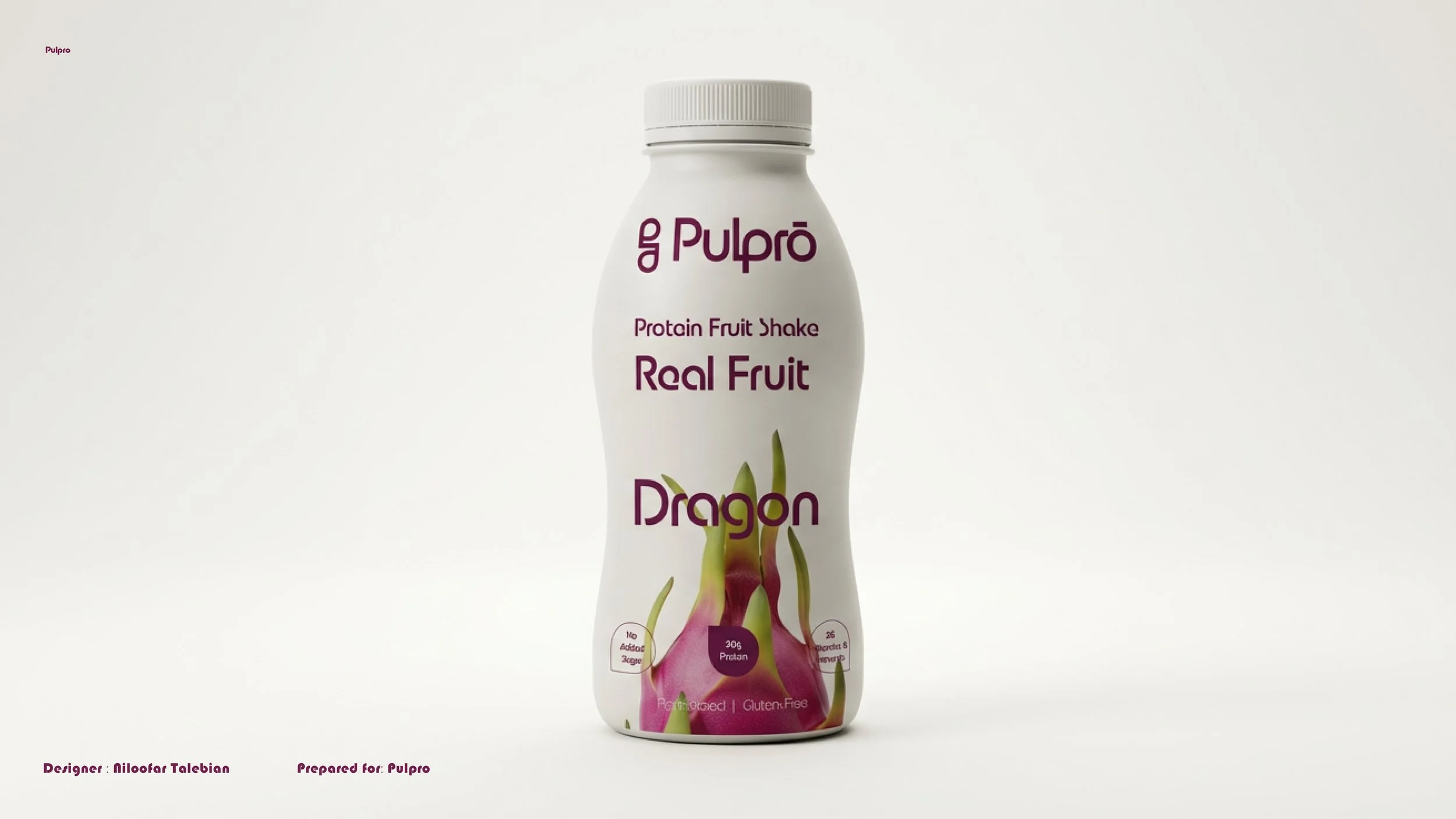 Clean white bottle with purple and green text and graphics, labeled as Pulpro Protein Fruit Shake with Real Fruit, Dragon flavor.