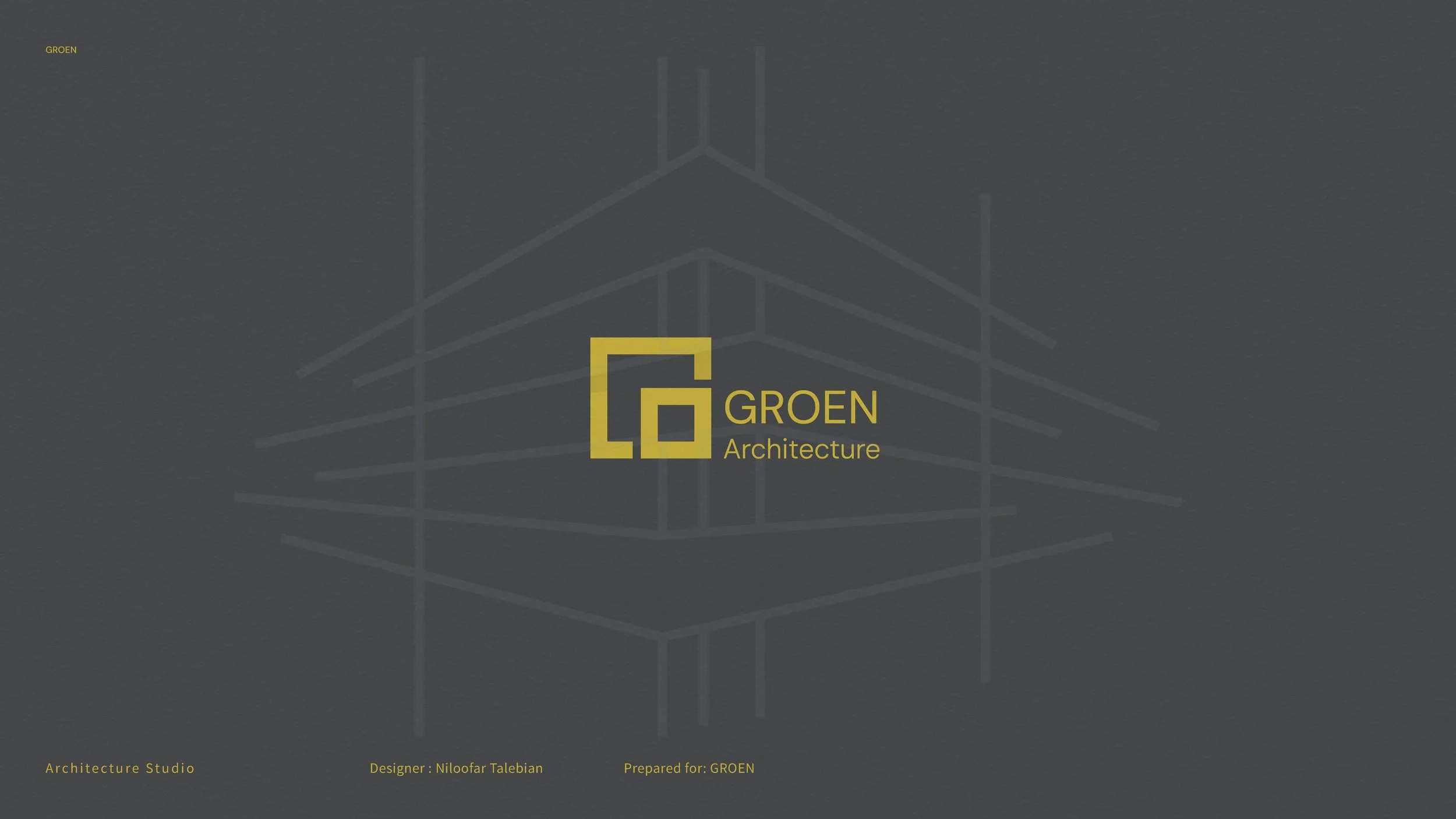 Dark gray background with a faint 3D architectural line drawing. Yellow text at the top left says 'GROEN'. The center features a yellow logo with overlapping squares and the text 'GROEN Architecture'. Small yellow text at the bottom left reads 'Archi